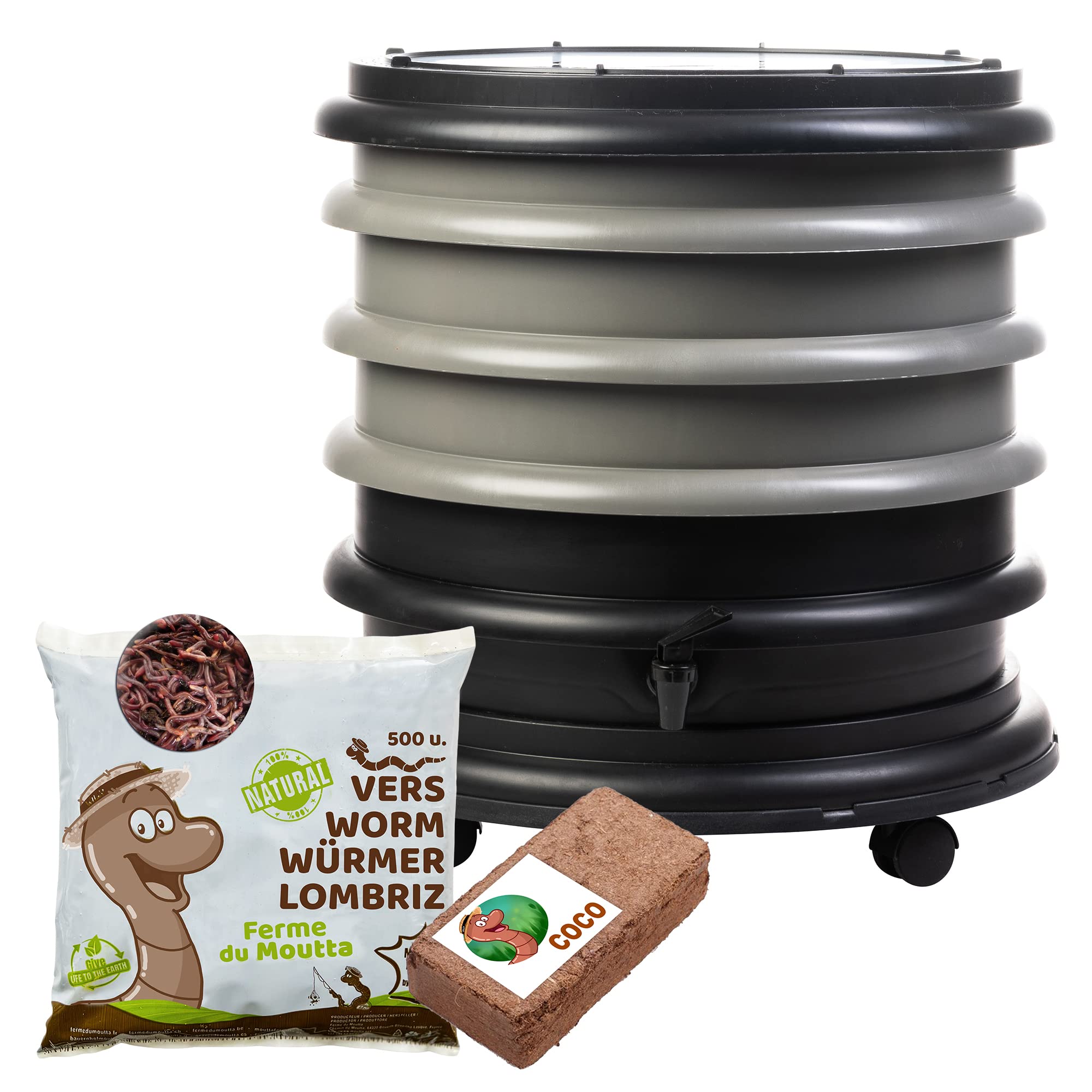 Wormery Worm Farm composter 3 Grey Trays + 250gr of Compost Worms / 500 ctn + 1 Coco | 48 liters | Organic Waste Compost, make your Worm Castings