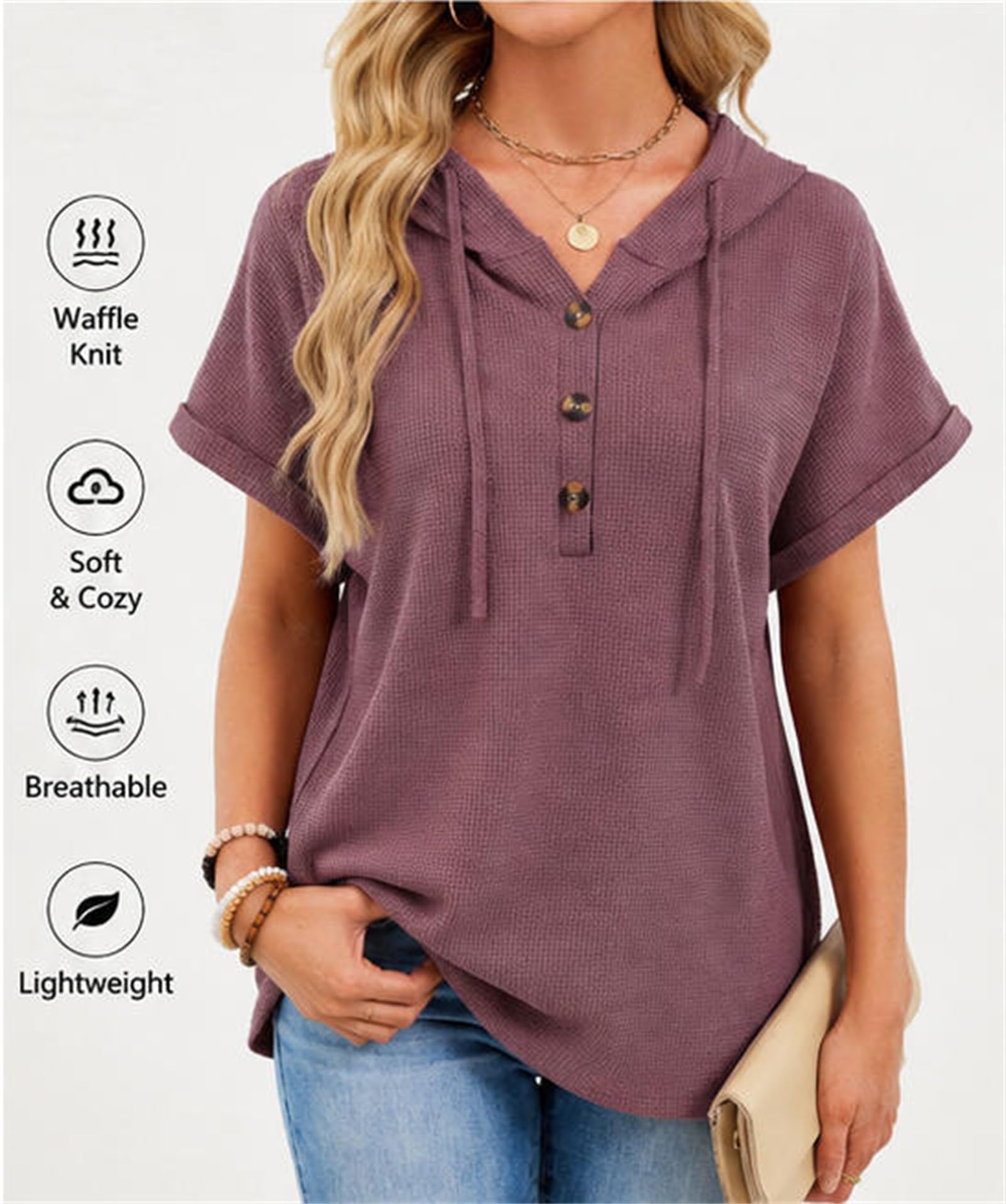 Bluzy z kapturem dla kobiet, oversize, dzianinowa bluza z dekoltem w serek, krótki rękaw, sznurek, guziki, pulower, topy do codziennego noszenia
