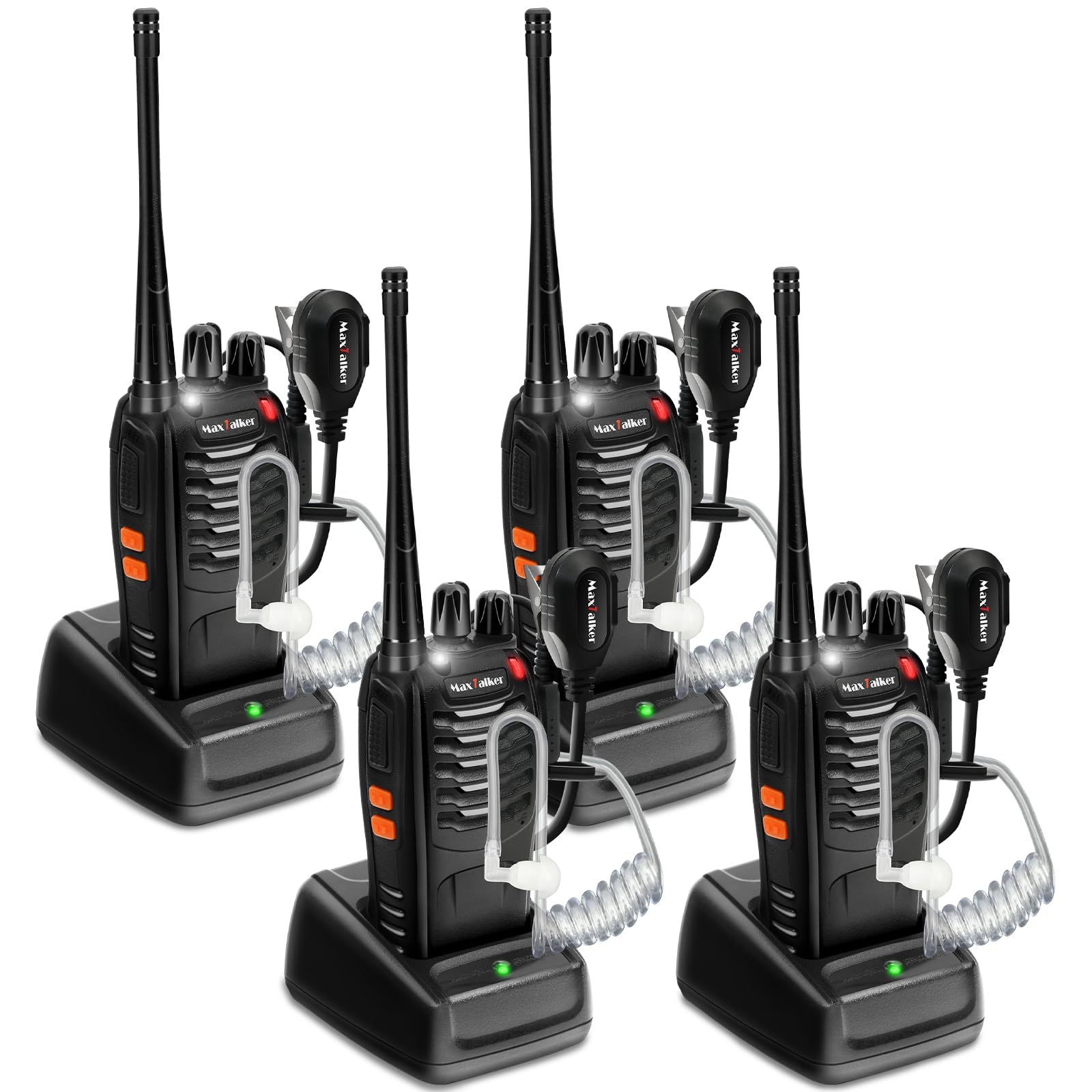 Rechargeable Walkie Talkies Long Range: MaxTalker MT-8S Walkie Talkie with Earpiece, Flashlight, VOX 1500mAh Battery, Walkie Talkies for Adults Business, Hunting Camping Essentials, 4 Pack