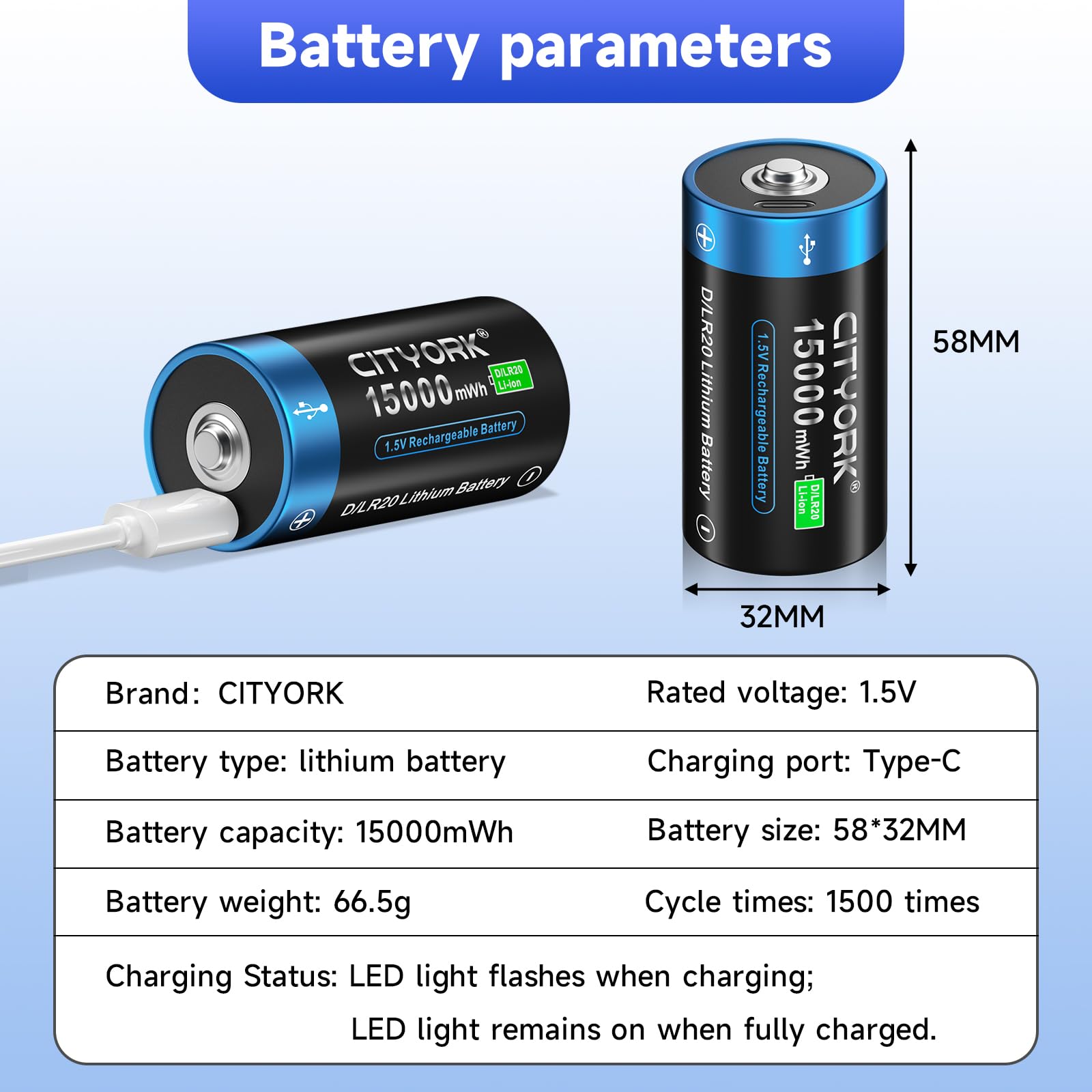 CITYORK 15000mWh 1,5v USB D Akku Wiederaufladbar mit USB-C Ladekabel (8 Stück), Lithium-Ionen Aufladbare USB D Batterie, Mono D LR20 Akku Zellen, über 1000 Zyklen und Recycelbar - Ohne Speicher Effekt