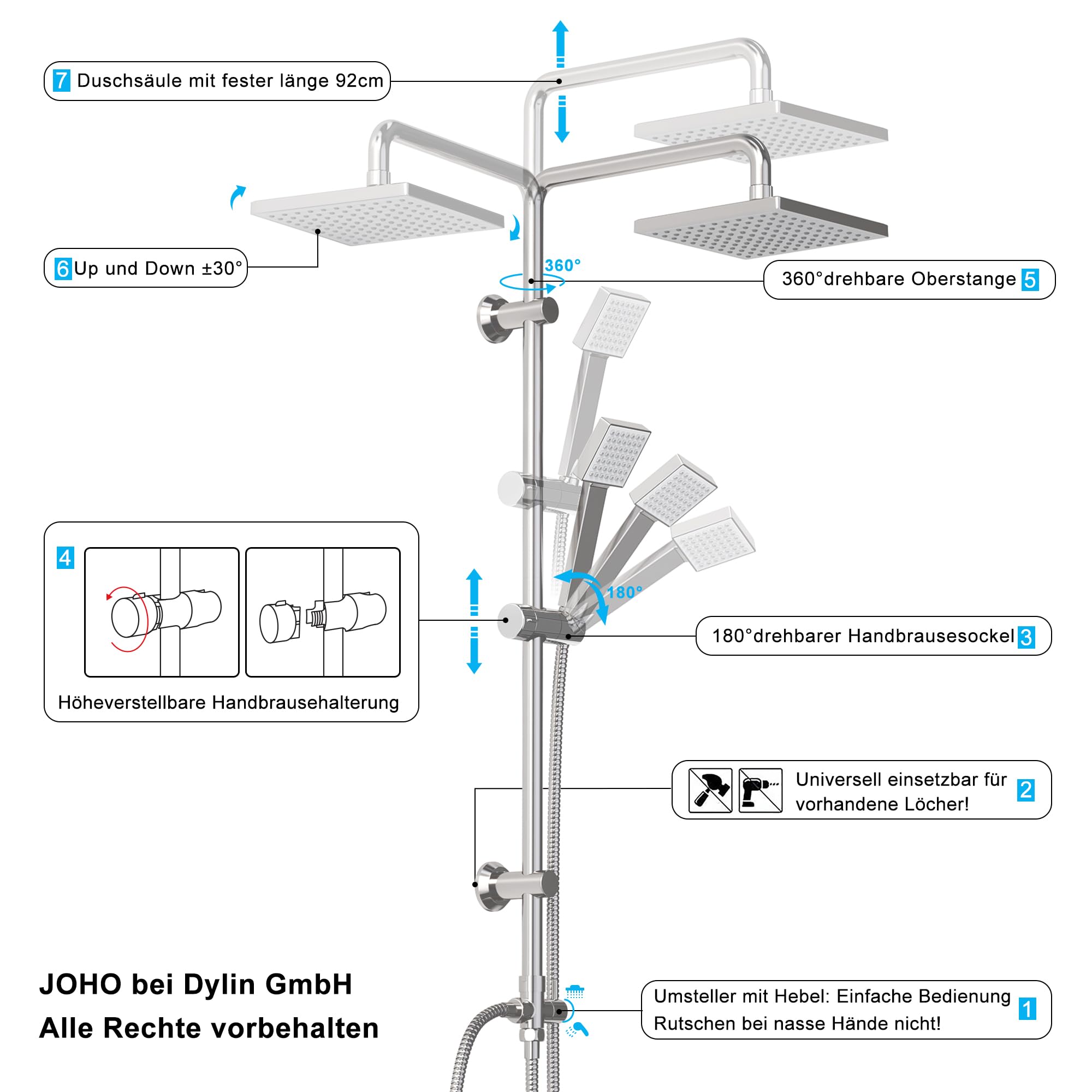 JOHO Colonne de Douche Acier inoxydable avec Douchette Salle de Bain Réglable en Hauteur, Ensemble Douche Pluie Murale sans Robinet, Pommeau Douche ABS 20x20 cm Chromé