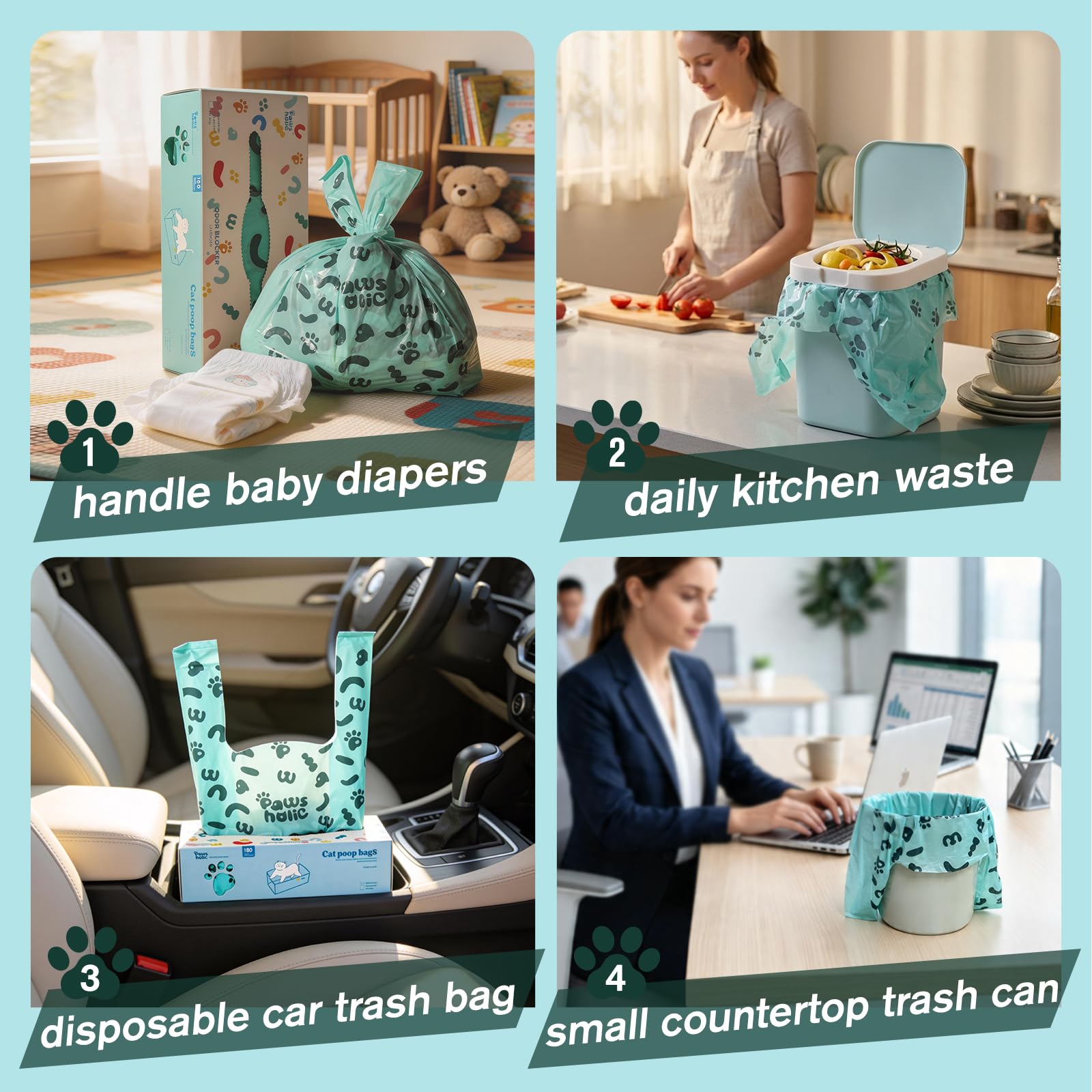 Bolsas para excrementos de gato, bolsas de arena para gatos con asa, almidón de maíz azul a prueba de fugas, ecológicas, bolsa de recogida de excrementos (180 unidades/caja, sin perfume)