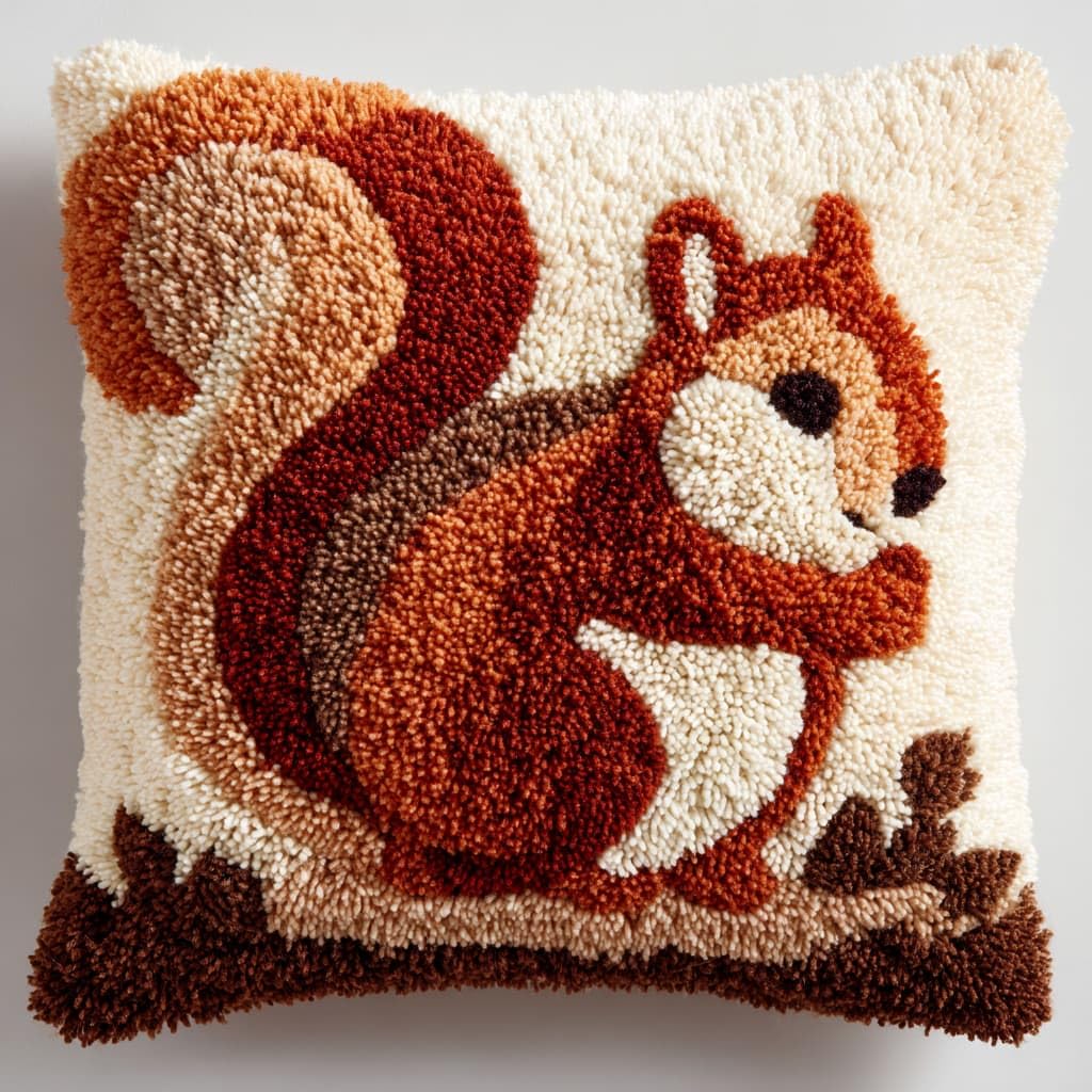 Taxpy DIY Latch Hook Kits, Animal Squirrel Pillow Embroidery Carpet Set Needlework Crocheting Cushion Pillow Case Embroidery Set 43x43cm