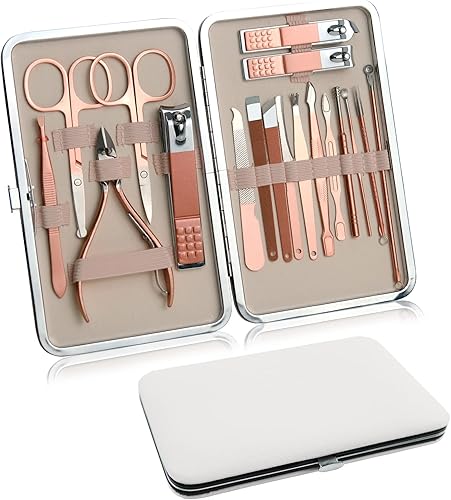 Juego de manicura de 18 piezas, kit de pedicura de acero inoxidable, kit de manicura profesional, kit de aseo con lujosa funda de viaje,