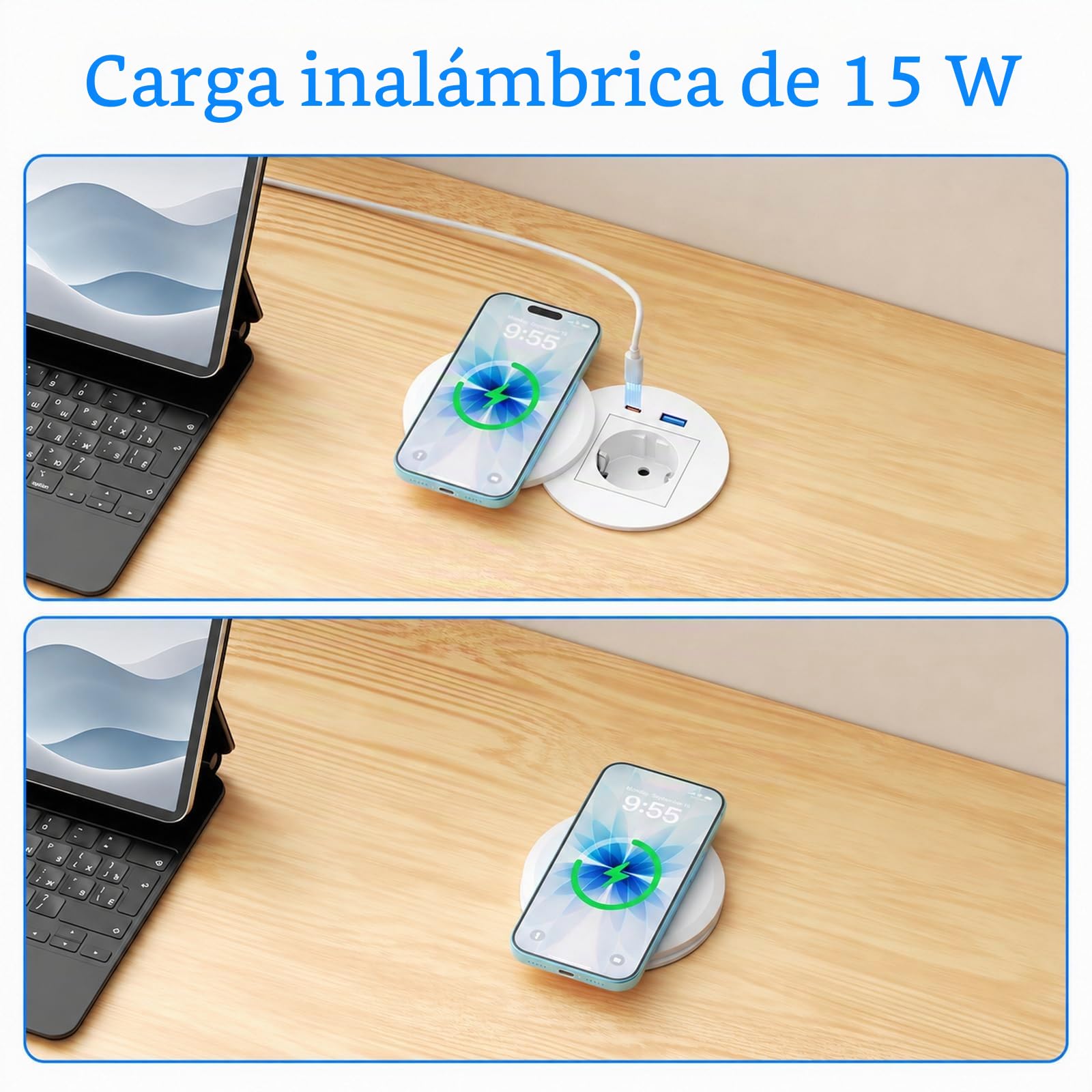 Enchufe empotrable con USB-C PD 30W, Carga inalámbrica 15W, Ø80 mm