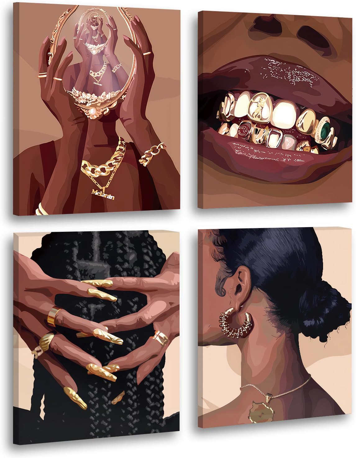 Black Woman Framed Canvas Art Decor,Black Girl Poster,Black Female Art Printing,Feminine Boho Abstract African American Woman Wall Decor for Home Bedroom - Set of 4 (8"X10",Built-in frame