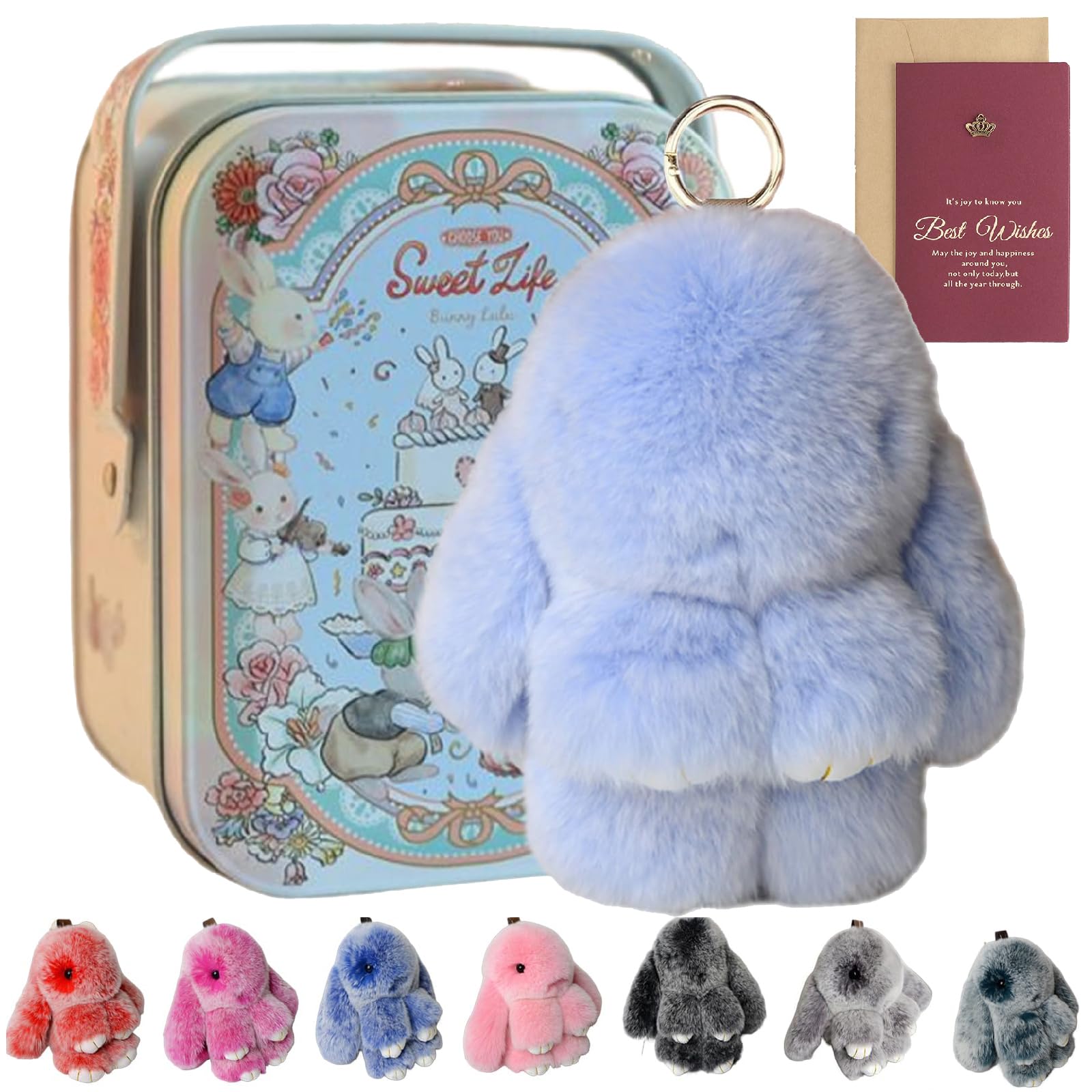 Cute Bunny Keychain with Tin, 5.8" Soft Plush Keychain Charm, 30 Colors – Graduation Gift & Stylish Bag Accessory