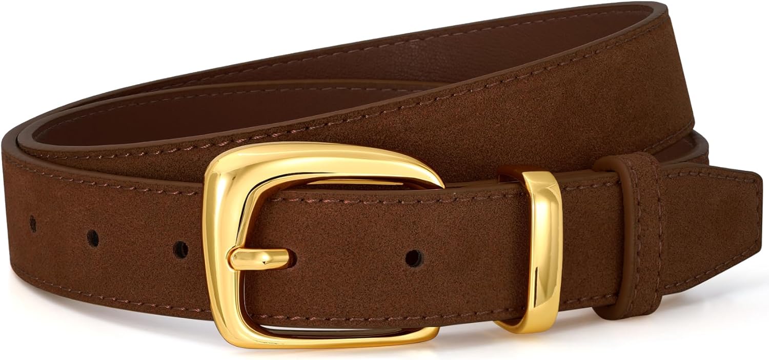 SANSTHS Women Suede Leather Belt for Dresses Jeans Fashion Retro Gold Buckle Ladies Waist Belts