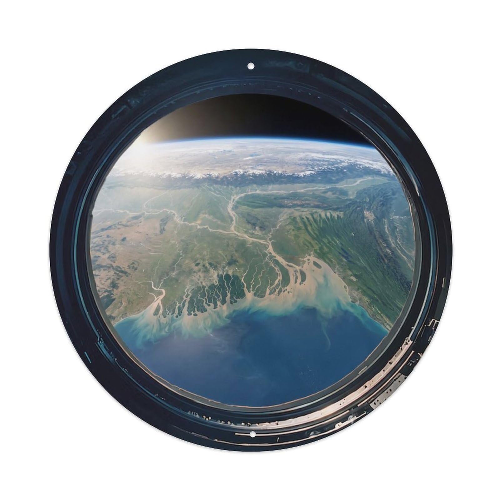 Metal Tin Sign Earth River Delta from Space Station Porthole