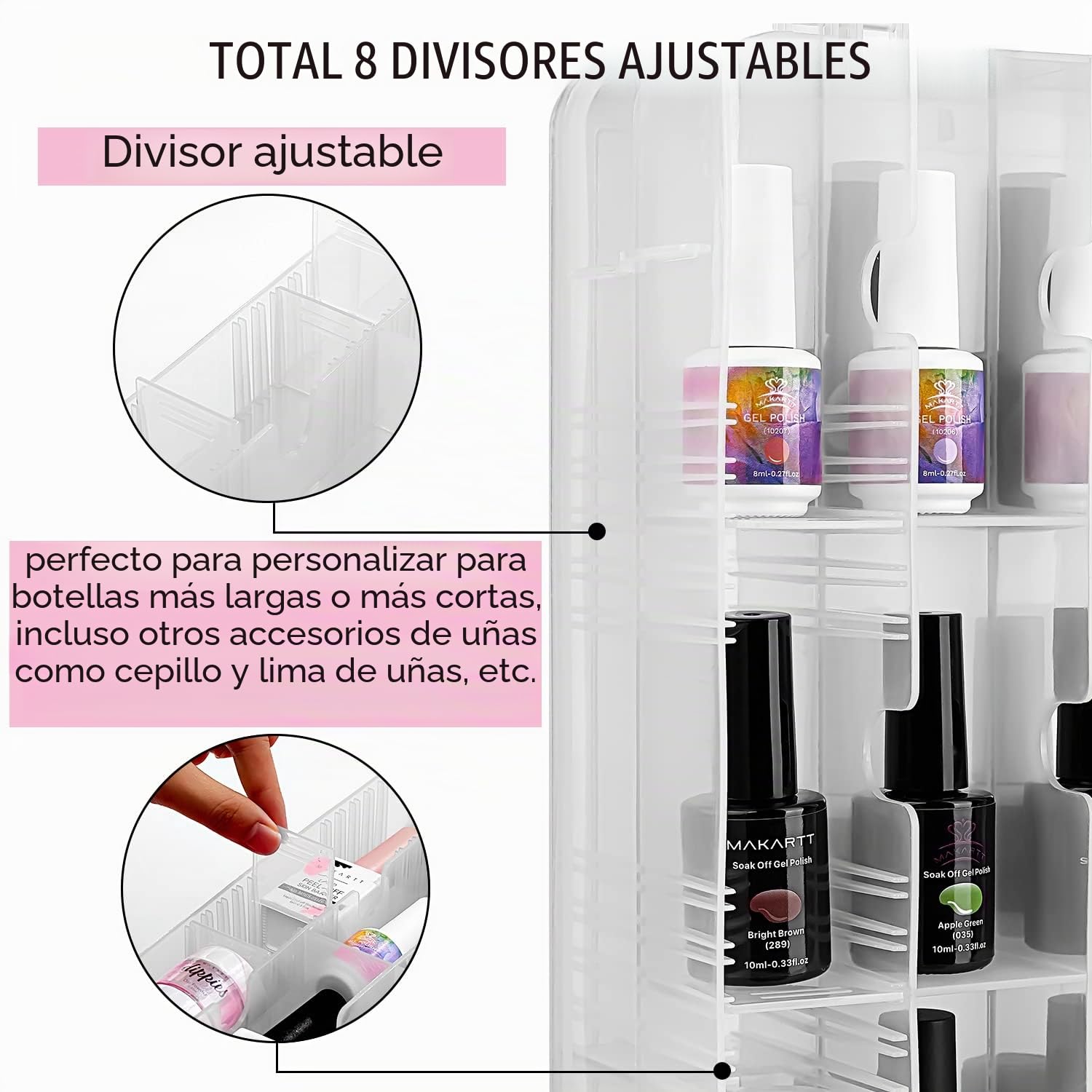 Makartt Organizador de esmalte de uñas – Soporte universal transparente para 48 botellas, estuche organizador de esmalte de uñas de gel resistente portátil con 8 separadores ajustables, ahorro de
