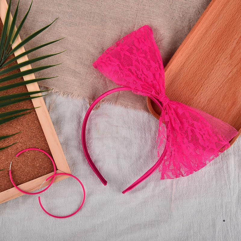 Miniatura 7 de Accesorios de los años 80 para mujer, diadema de lazo de encaje de los años 80 y aretes de neón para mujer, trajes retro vintage de los años 80 para