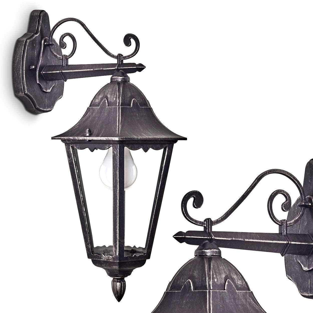 Aplique de exterior Lignac, lámpara de pared hacia abajo de aspecto antiguo, fundición de aluminio en negro/plata, cristales, E27, lámpara de exterior retro/vintage para terraza y patio, sin bombillas