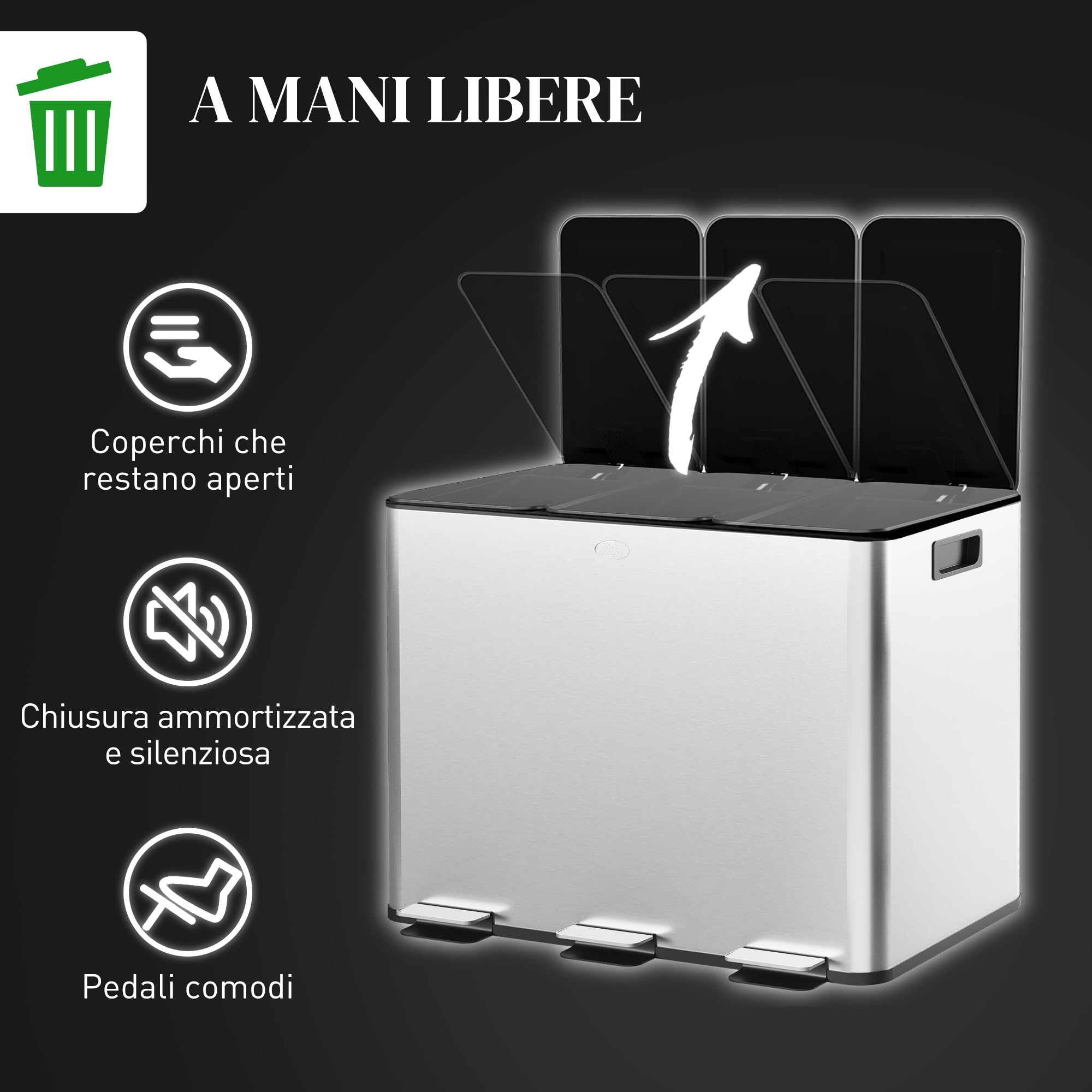 HOMCOM Differentiated 3 Compartments 10L Kitchen Pedal Bin with 3 Silently Closing Lids in Stainless Steel and PP, 49.5 x 34.5 x 38.5 cm, Silver - 5