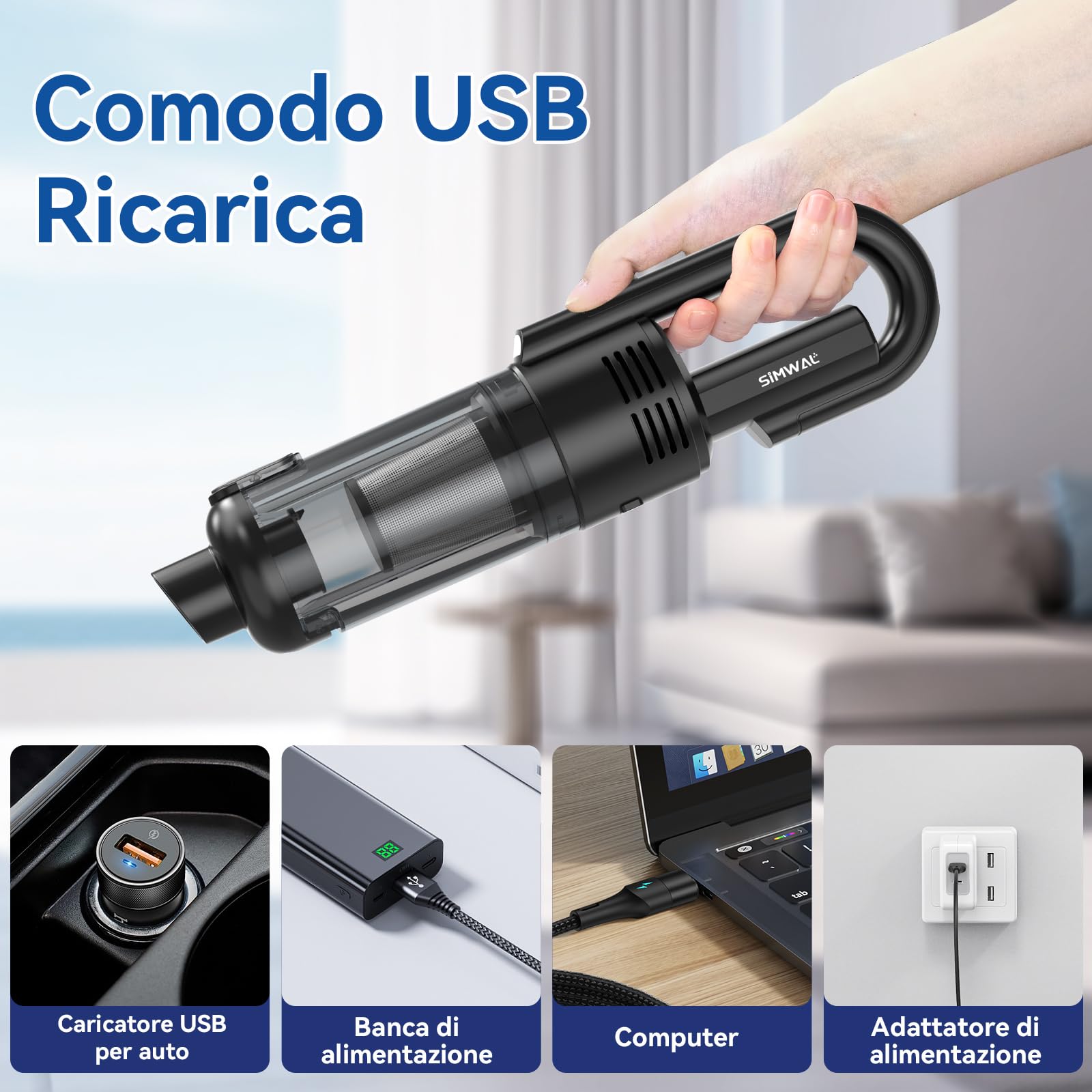 Aspirapolvere Portatile, 9500PA Mini Aspirabriciole Senza Fili, Aspirapolvere Ricaricabile Filtro Metallo HEPA con Illuminazione a LED, 7 accessori, per Auto Casa