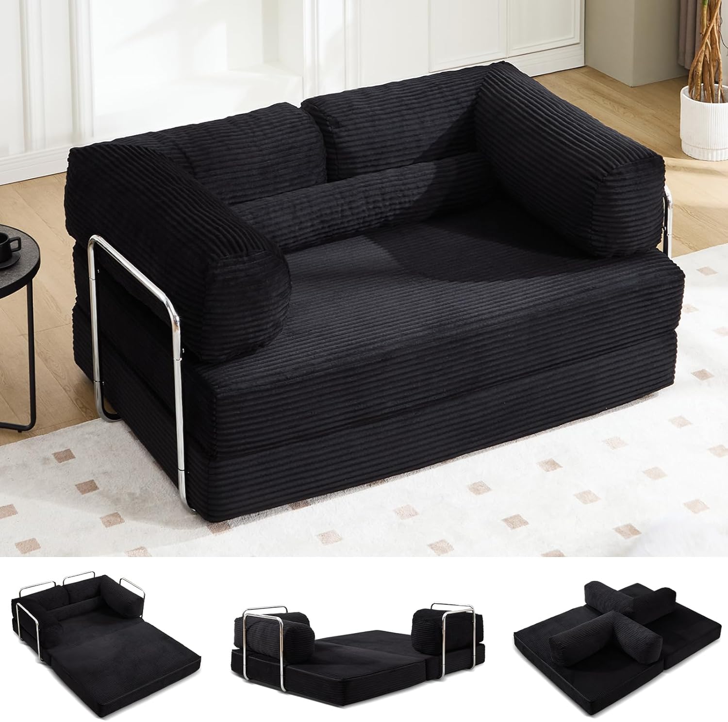 78.8 inch convertible sofa bed corduroy black - front view