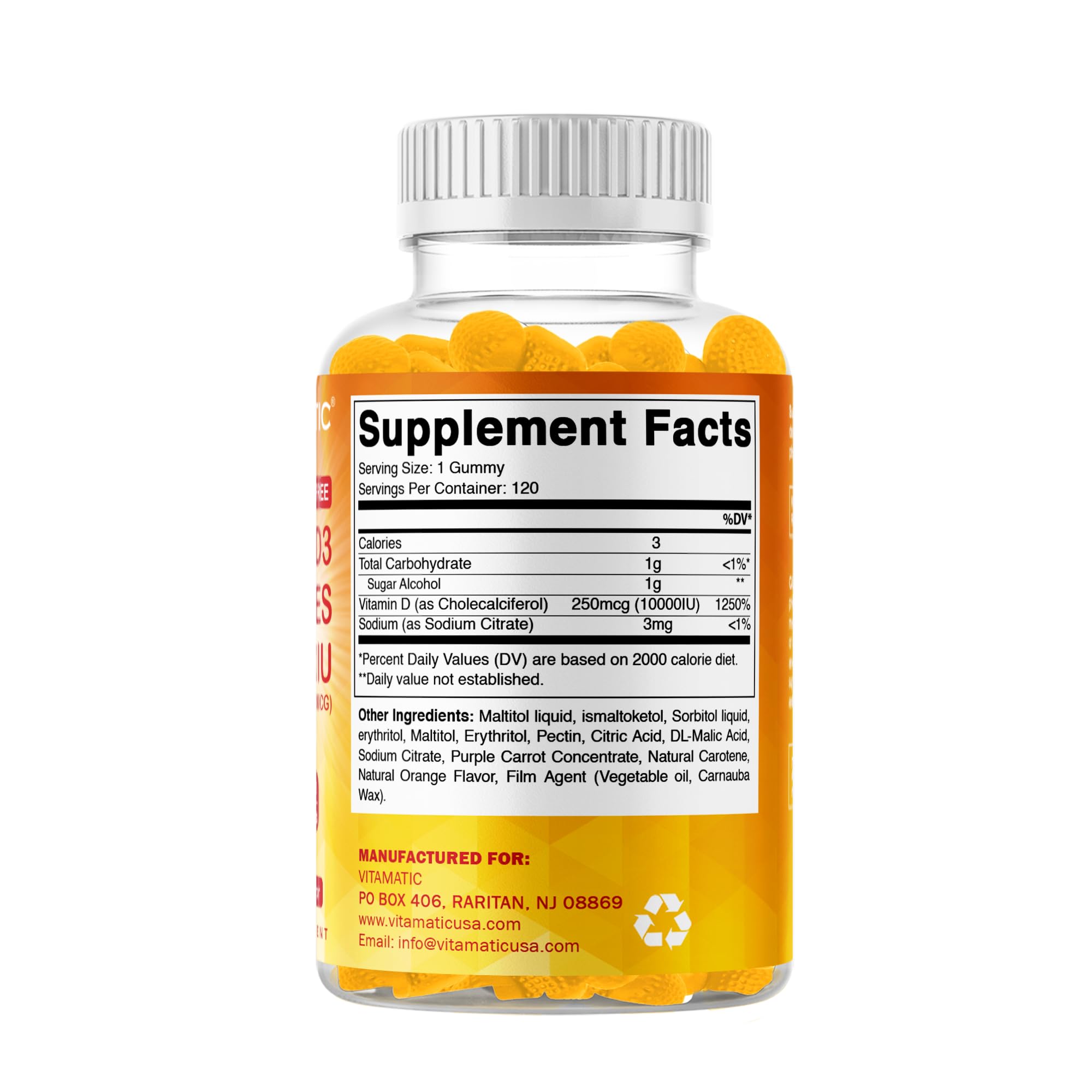 Vitamatic Sugar Free Vitamin D3 10000 IU - 120 Pectin Based Gummies - Great Taste - Healthy Bones, Mood & Immune System Function - Non-GMO - 120 Servings — Amazon image 8