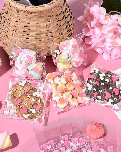 Miniatura 6 de RAYNAG 200 bolsas de galletas de amor rosa con sello, bolsas individuales de celofán para galletas, pasteles, postres, golosinas panadería