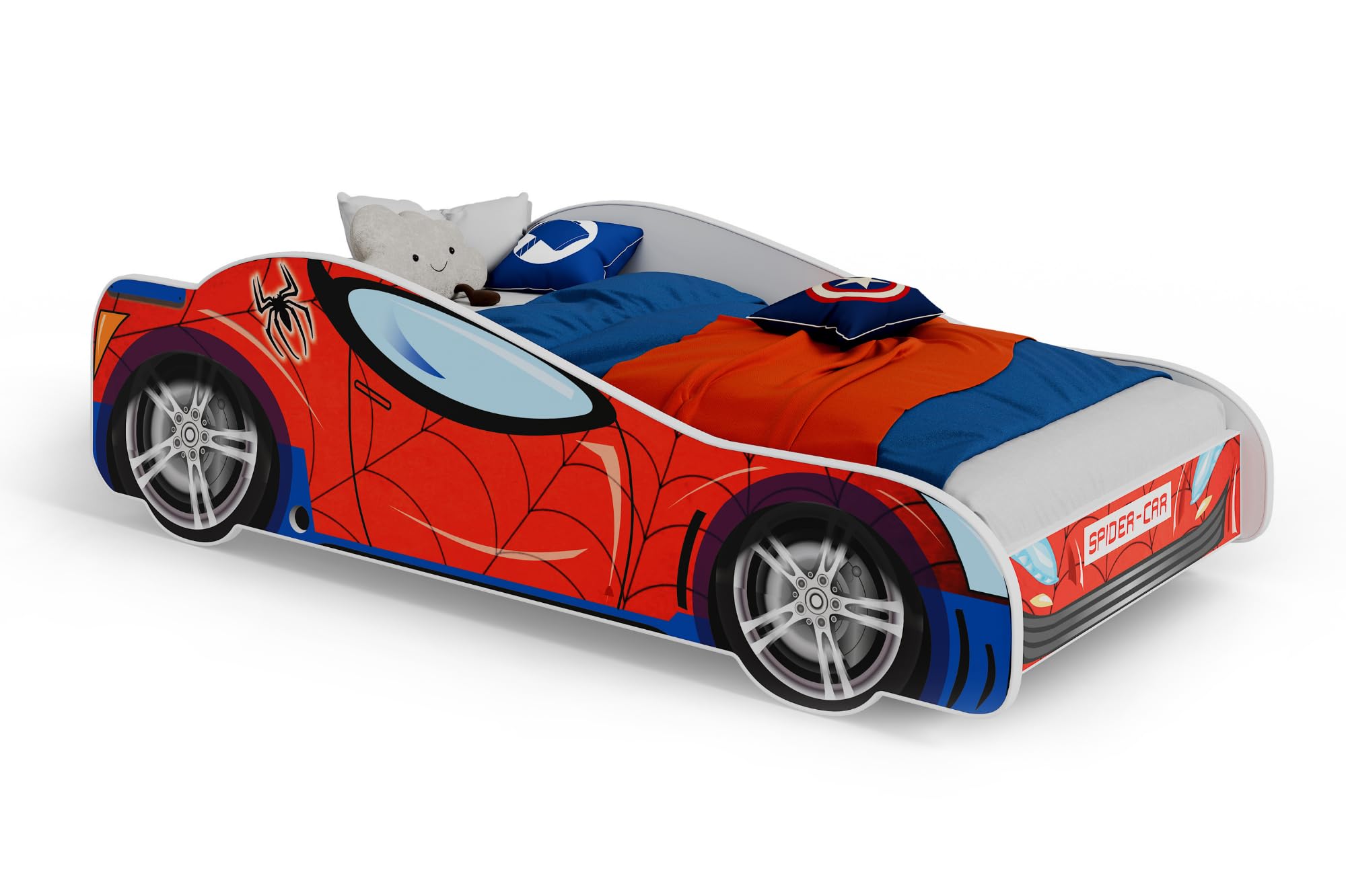 KOBI Lit Enfant Voiture 140x70 Racing Red avec Matelas, lit Auto pour garçon et Fille, lit sécurisé en Forme de Voiture avec Motif Super-héros pour Chambre Enfant