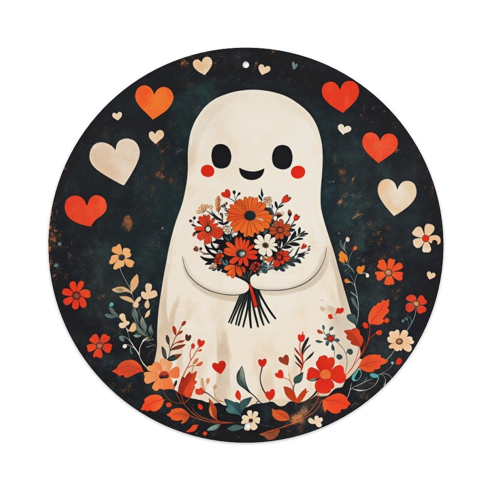 Cute Ghost With Flower Bouquet Round Tin Sign Retro Metal Sign for Cafe Bar Pub Home Game Room Gym Club Wall Decoration Vintage Metal Poster 8x8 Inch