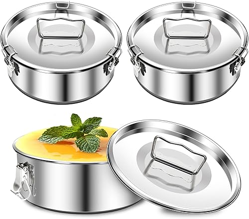 Miniatura 1 de Maxcheck Paquete de 3 sartenes de acero inoxidable con tapa, fabricante de flan de acero inoxidable de 7.5 x 3 pulgadas, con tapa para hornear,