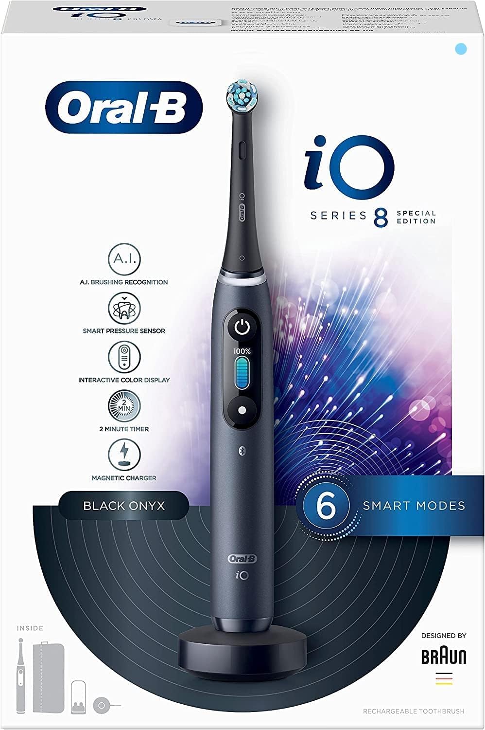 Oral-B iO Series 8s Brosse à Dents Électrique Rechargeable avec 1 Manche Intelligence Artificielle, Noir, 1 Brossette et 1 Pochette Magnétique, 5 Modes Dont Blancheur et Soin des Gencives