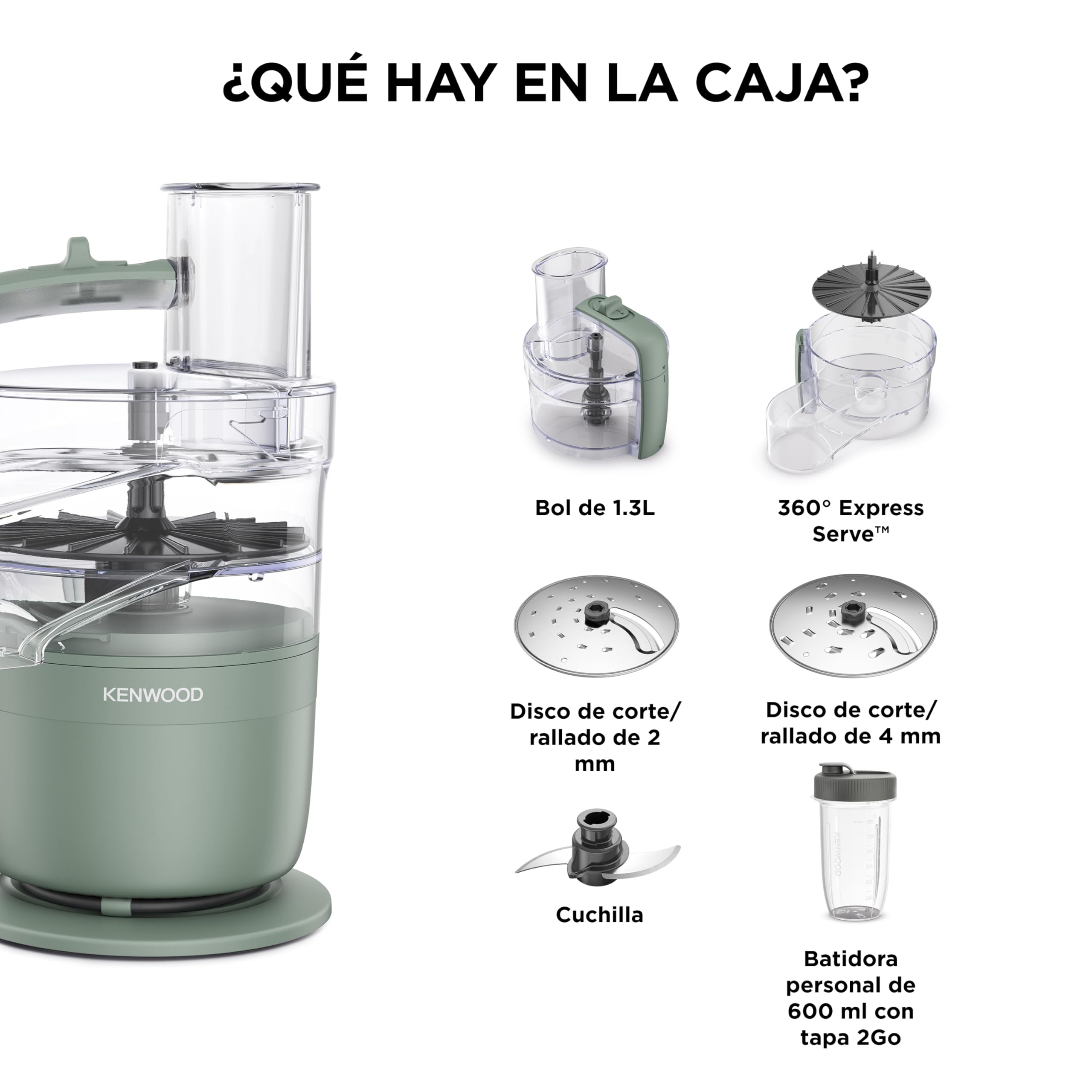 Kenwood MultiPro Compact – Procesador de Alimentos con Express Serve, Cuchilla de Acero Inoxidable, Discos para Cortar y Rallar, Recipiente de 600 ml, Función Pulse, Verde Eucalipto (FDP23.380GR)