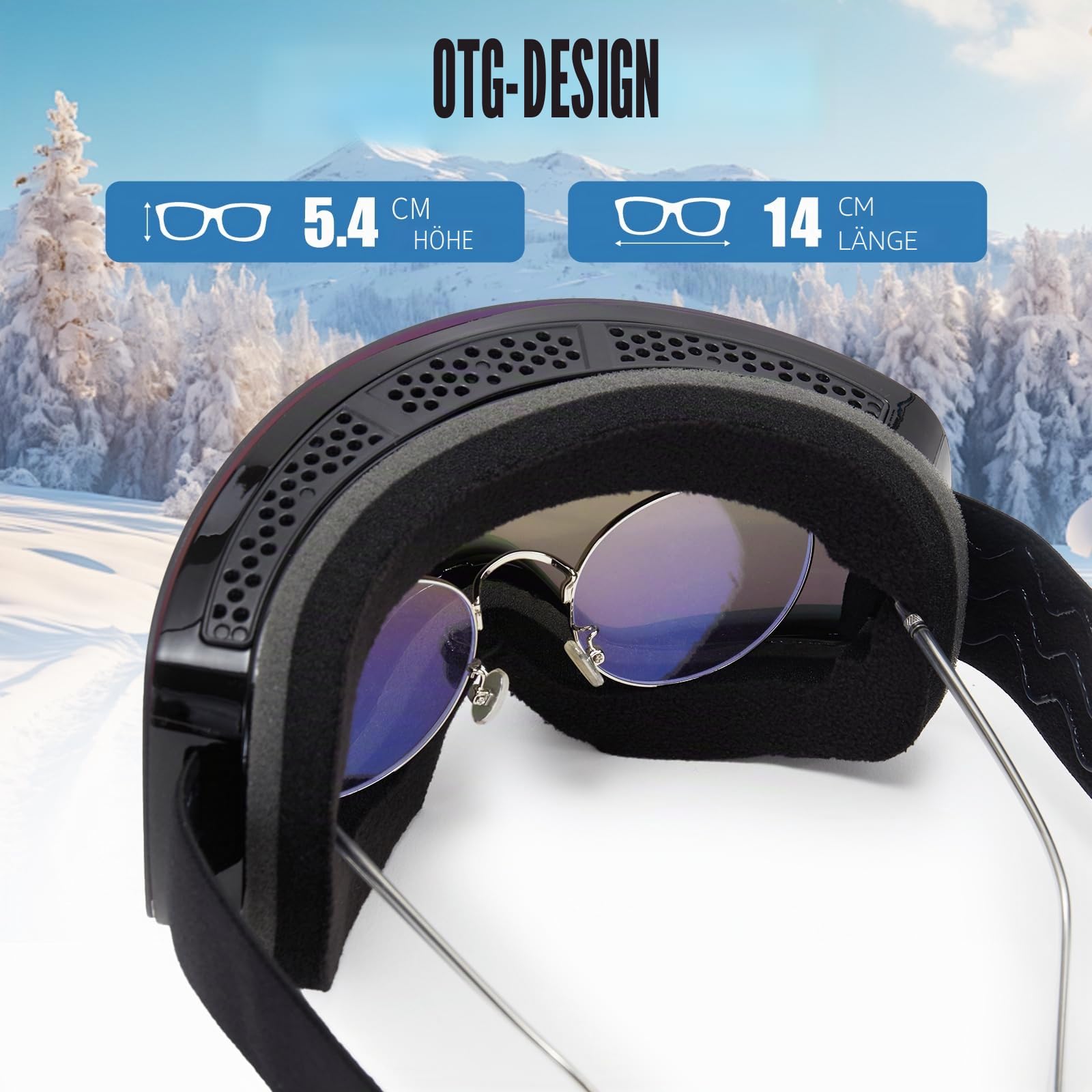 Skibrille für Erwachsene Herren Damen,YH227 Snowboardbrille für Brillenträger, Anti Fog OTG UV-Schutz Anti-Rutsch-Kopfband Vollständiges REVO-Design