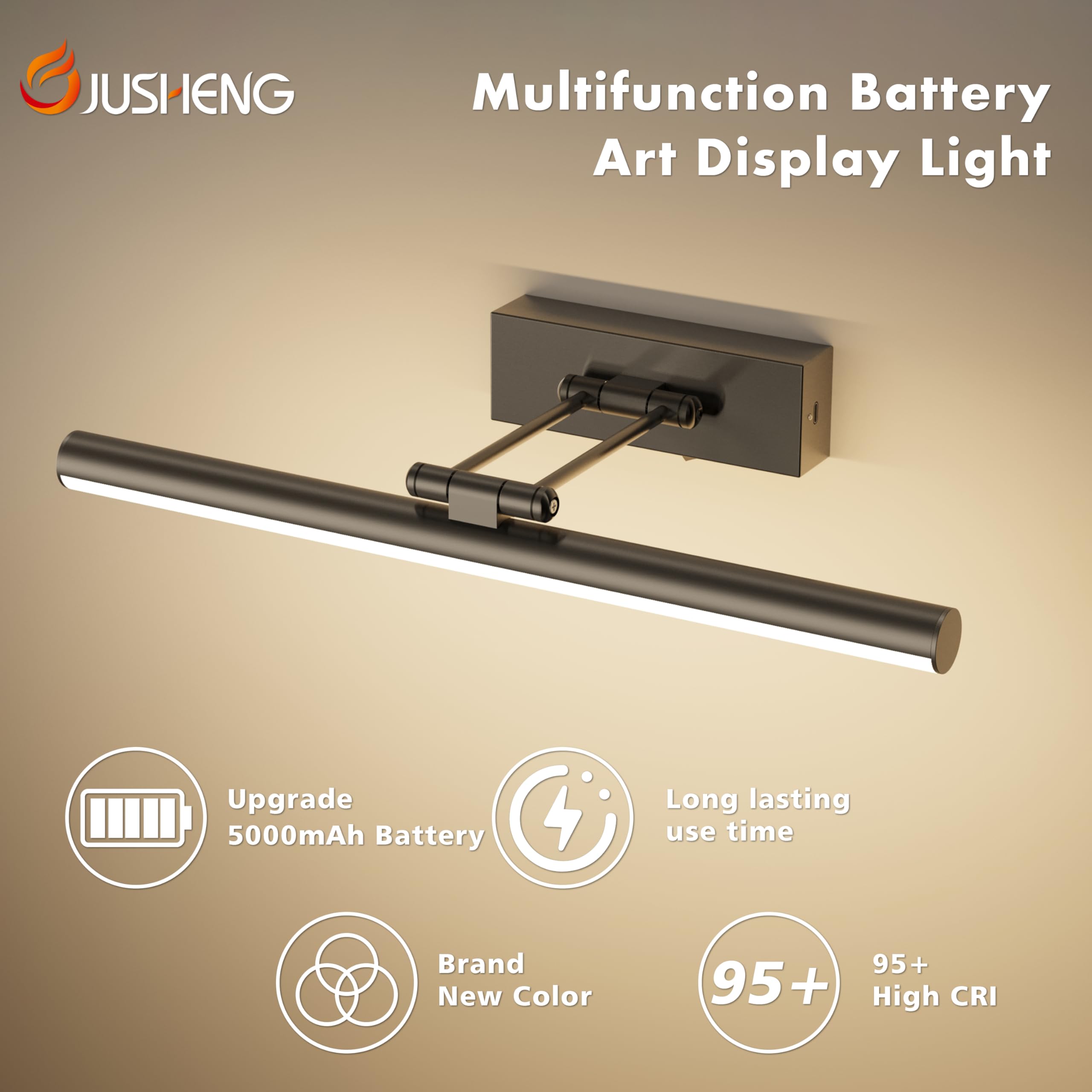 JUSHENG Battery Operated Picture Light with Remote and Timer, Wireless Art Light with Swing Arm, Rechargeable Gallery Lighting Display Light for Frame Artwork-Brushed Grey 16'' Inch