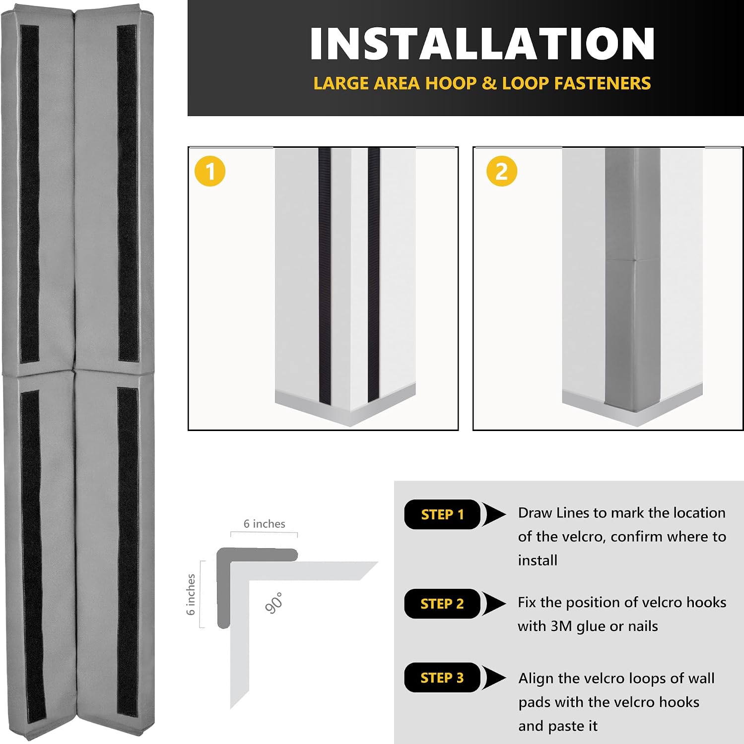 wall corner guards & edge protector, heavy duty wall corner protective safety padding, all-weather 2 sides corner pad for gyms, basketball court, playrooms, garages,etc. (gray, 5ft tall 6in sides) 5ft tall 6in sides gray