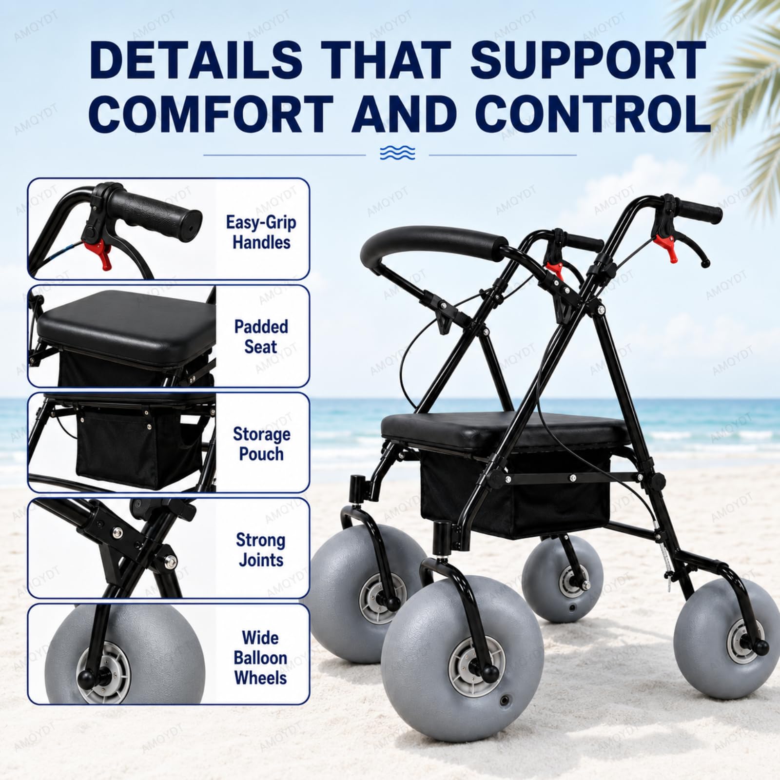 Silla De Ruedas De Playa con Neumáticos Anchos, Andador Todoterreno con Asas Ajustables, Asiento Impermeable Y Transpirable, Apto para Agua Salada Y con Capacidad para 100 Kg (220 LB) En Arena