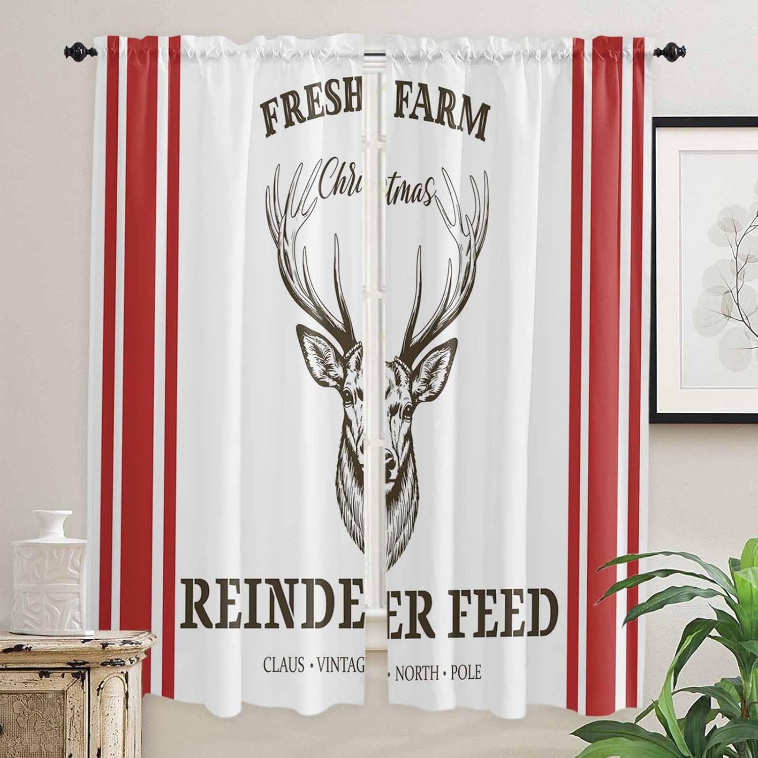 Christmas Window Curtains 72 Inch Long 2 Panel Set, Rod Pocket Long Curtains & Drapes, Winter Xmas Elk Modern Simple Red Striped Light Filtering Window Treatment for Bedroom Living Room 52"W x 72"L