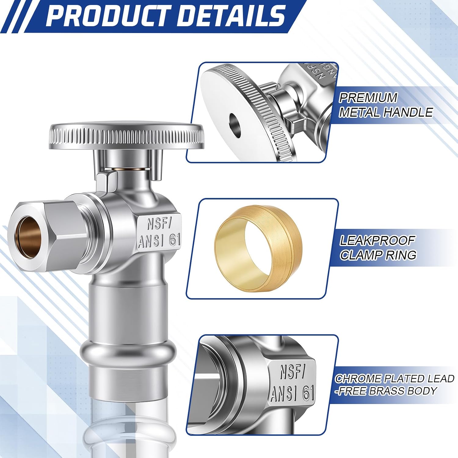 16 Pack Angle Stop Valve 1/2" Copper Press X 3/8"OD Compression | Lead-free Chrome Brass, Quarter Turn Shutoff, Compression Outlet, Press Fit Inlet, for Kitchen Bath Toilet Plumbing