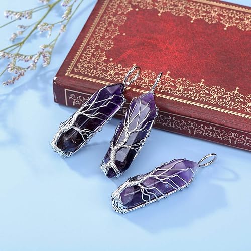 Miniatura 3 de PESOENTH Árbol de la vida Reiki - Collar con colgante de cuarzo transparente con piedra de energía de cristal curativo de reiki, envuelto en alambre