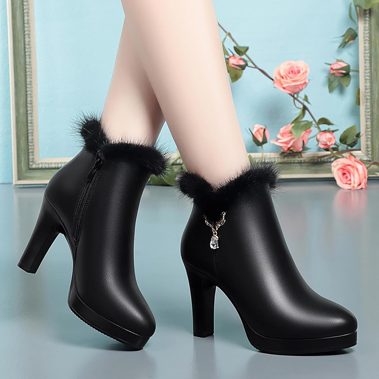 Women'S Leather Chunky High Heels Ankle Booties Sparkling Rhinestones Warm Fully Fur Lined Side Zipper High Heels Snow Boot - Image 3