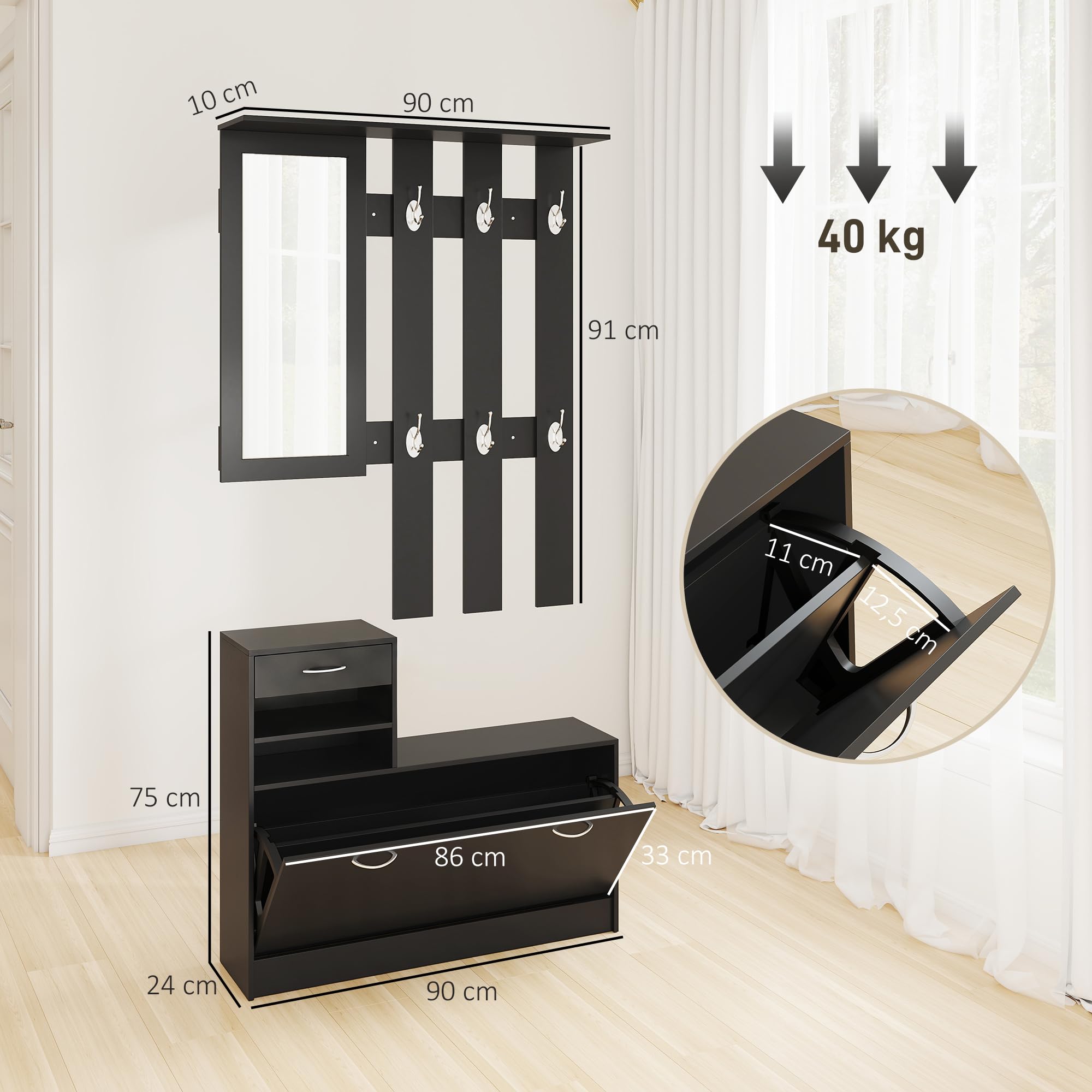 HOMCOM Ensembles 3 en 1 de Meuble d'Entrée Vestiaire Noir | Panneau Porte-Manteau, Miroir, Banc à Chaussures, 6 Crochets, Étagère Réglable