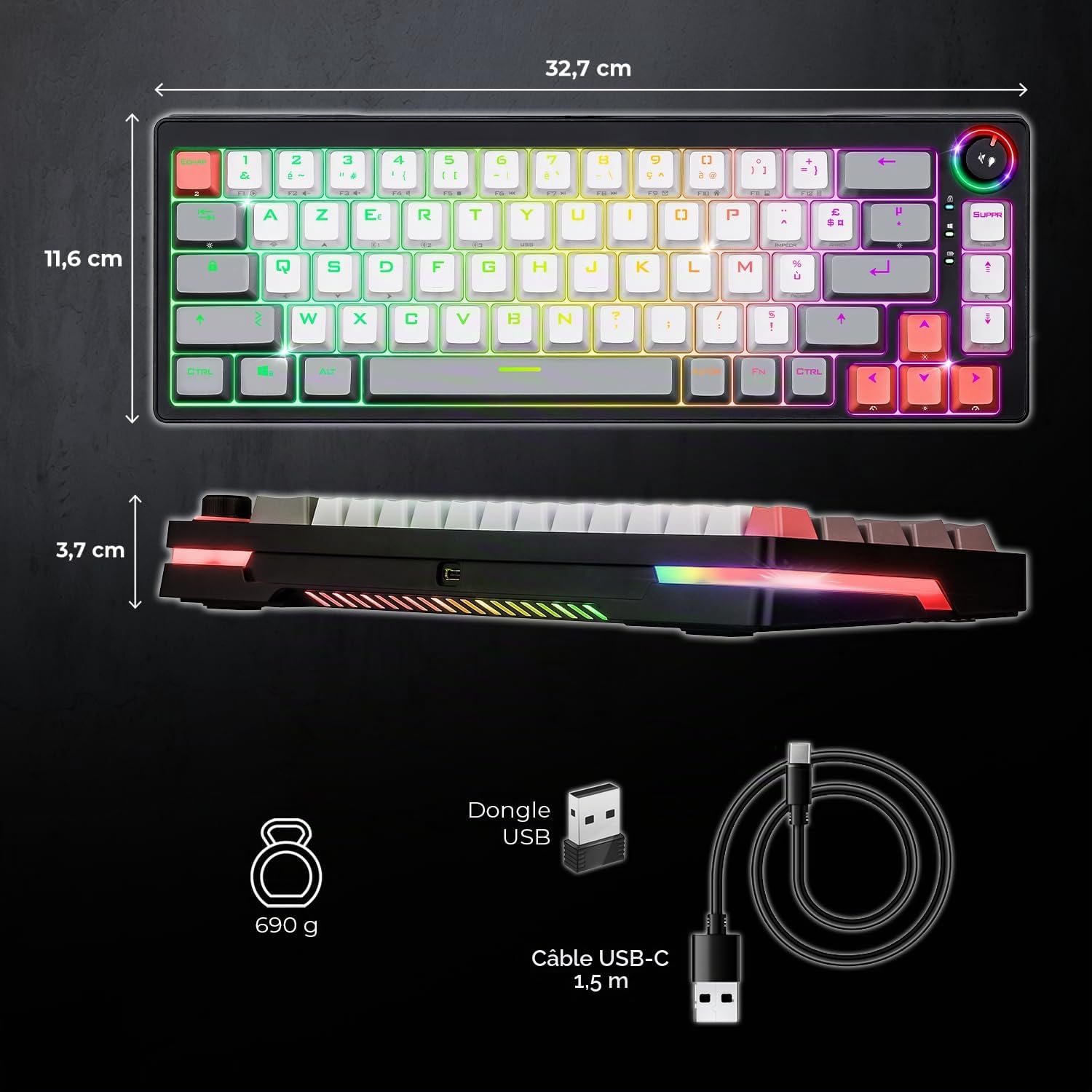 Spirit Of Gamer - XPERT K600, Clavier Gamer TKL sans Fil 65% Mécanique AZERTY, Switchs Rouges, Bluetooth, RF 2.4 GHz et Filaire USB, RGB 22 Modes, Anti-Ghosting 100%, Autonomie 200 Heures, Noir
