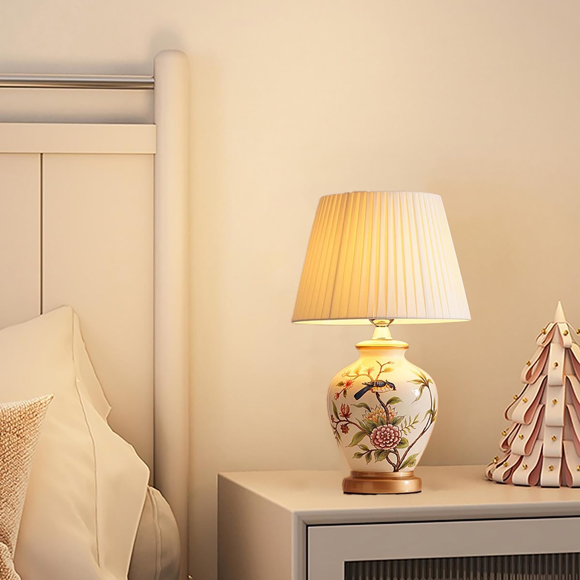 XINYASEE Lampada da tavolo in ceramica dipinta,Lampada da comodino vintage con paralume in tessuto,Testa di lampada E27,Lampada Da Scrivania Per la Casa Per Camera Da Letto, Soggiorno (Bianco)