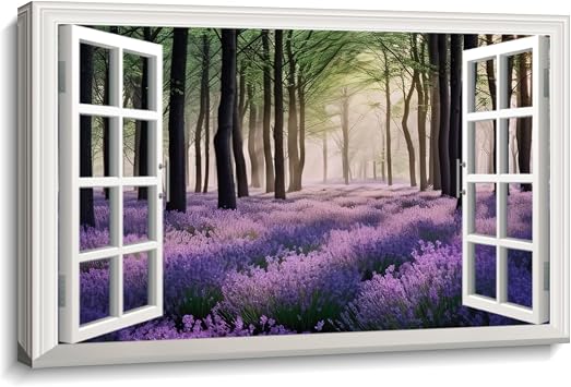 LYUNSHUO Purple Lavender Canvas Wall Art Forest Landscape Picture Window View Painting Modern Artwork for Living Room Bedroom Bathroom Office Home Decor FramedArtwork-1,16.00"x24.00"