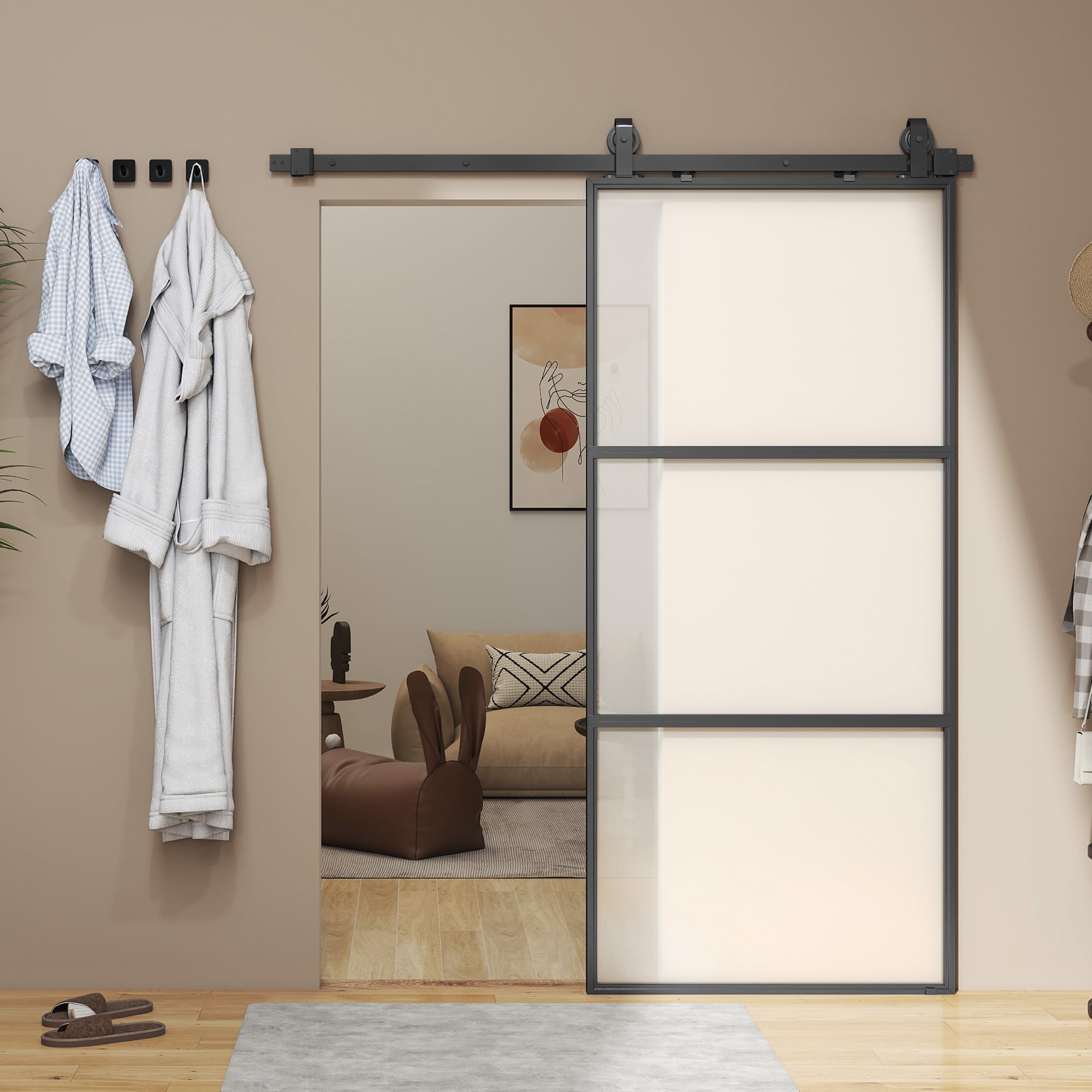 HOMCOM Puerta Corredera con Herrajes 91,4x203,2 cm Puerta Corredera de Cristal con Mecanismo Cierre Suave para Baño Salón Sala de Estar Cocina Negro