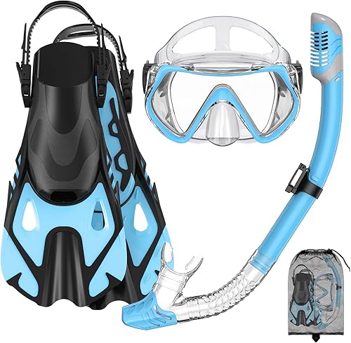 Miniatura 1 de Juego de equipo de esnórquel para adultos, juego de esnórquel con parte superior seca, máscara panorámica antivaho y aletas de natación ajustables,