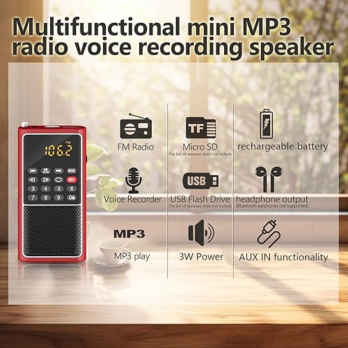 Miniatura 4 de Radio FM pequeña radio portátil de bolsillo, funciona con batería recargable, tarjeta USBMicro SDranura para tarjeta TF Reproductor Mp3, llave