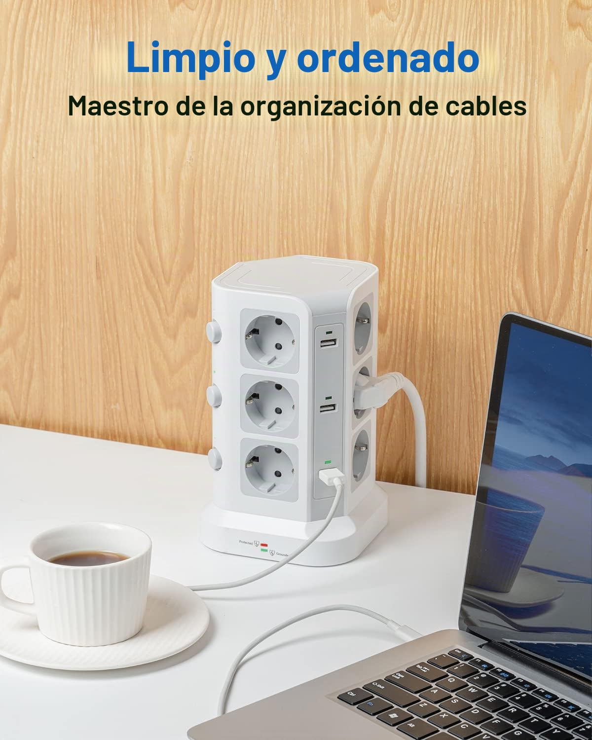 KOOSLA Regleta Vertical, 12 Enchufes, 6 USB, 5M, Blanco | 12 Enchufes, 6 USB, 4000W/16A, 3 Interruptores, Protección contra Sobretensión, Cable 5M