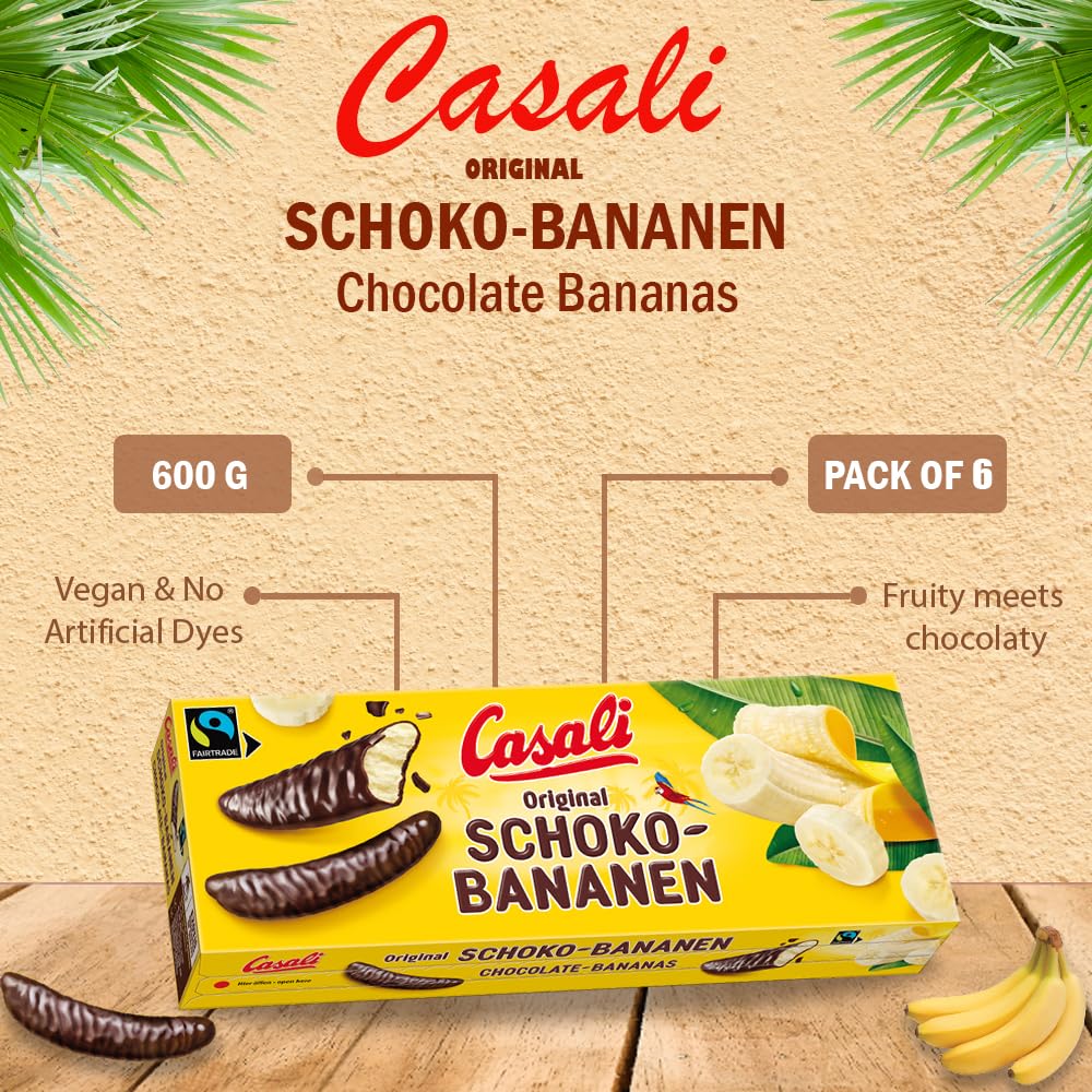 Casali Schoko Bananen - Irresistibili Dolcetti Alla Banana Ricoperti Di Cioccolato - 48 Pezzi, 600g x 6