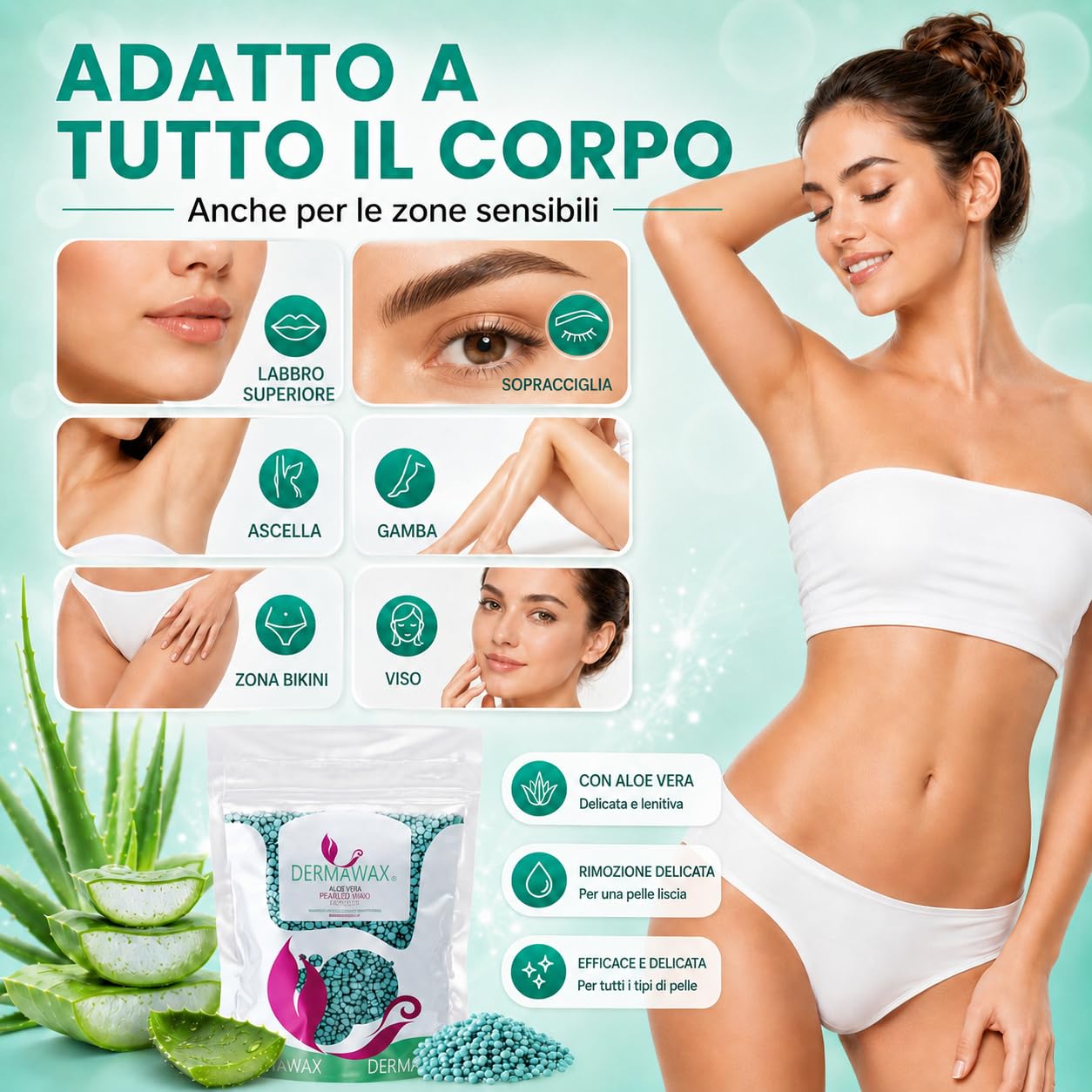 Dermawax Perle di Cera Aloe Vera 1 kg – Cera a Caldo Senza Strisce per Pelle Sensibile – Epilazione Professionale per Bikini, Viso e Corpo – Made in Italy