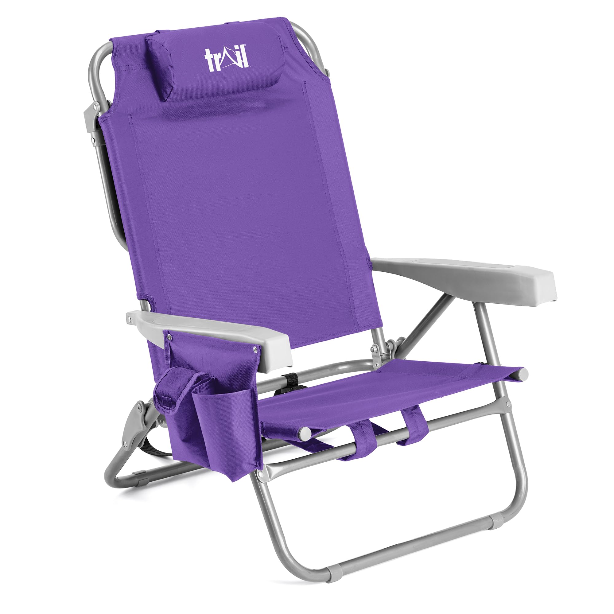Trail Low Reclining Beach Chair, Purple Lightweight Folding Recliner – Reclines to 4 Positions, Head Cushion, Drinks Holder, Storage Pouch & Backpack-Style Carry Straps, Portable Camping Lounger
