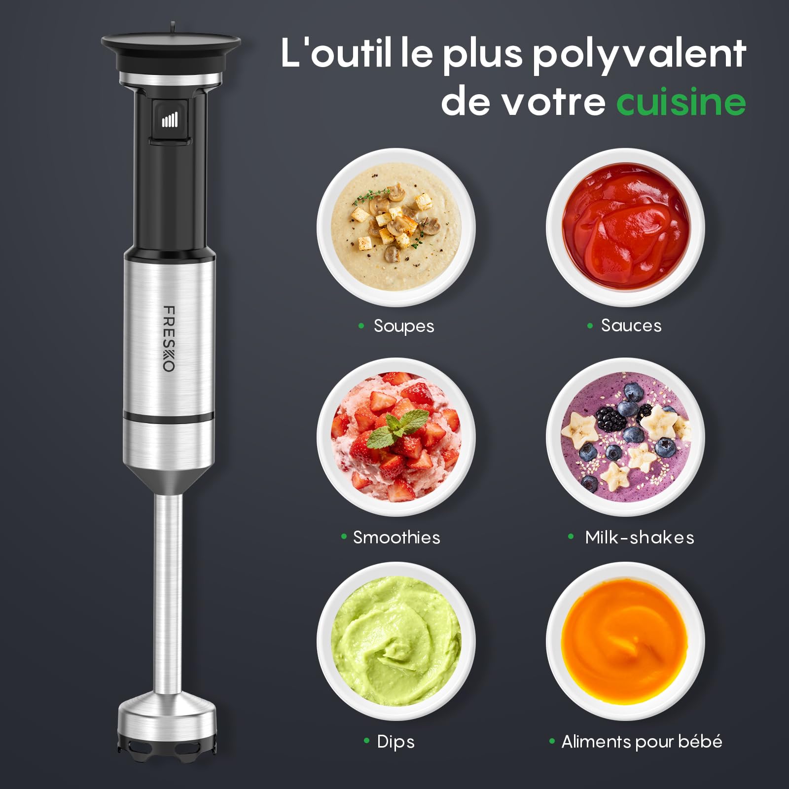 FRESKO Mixeur Plongeant 1000W, Vitesse Variable, Conception détachable | Pied Acier Inoxydable avec Protège-Casserole, pour Bébé, Soupes, Smoothies, Purées et Sauces, Noir