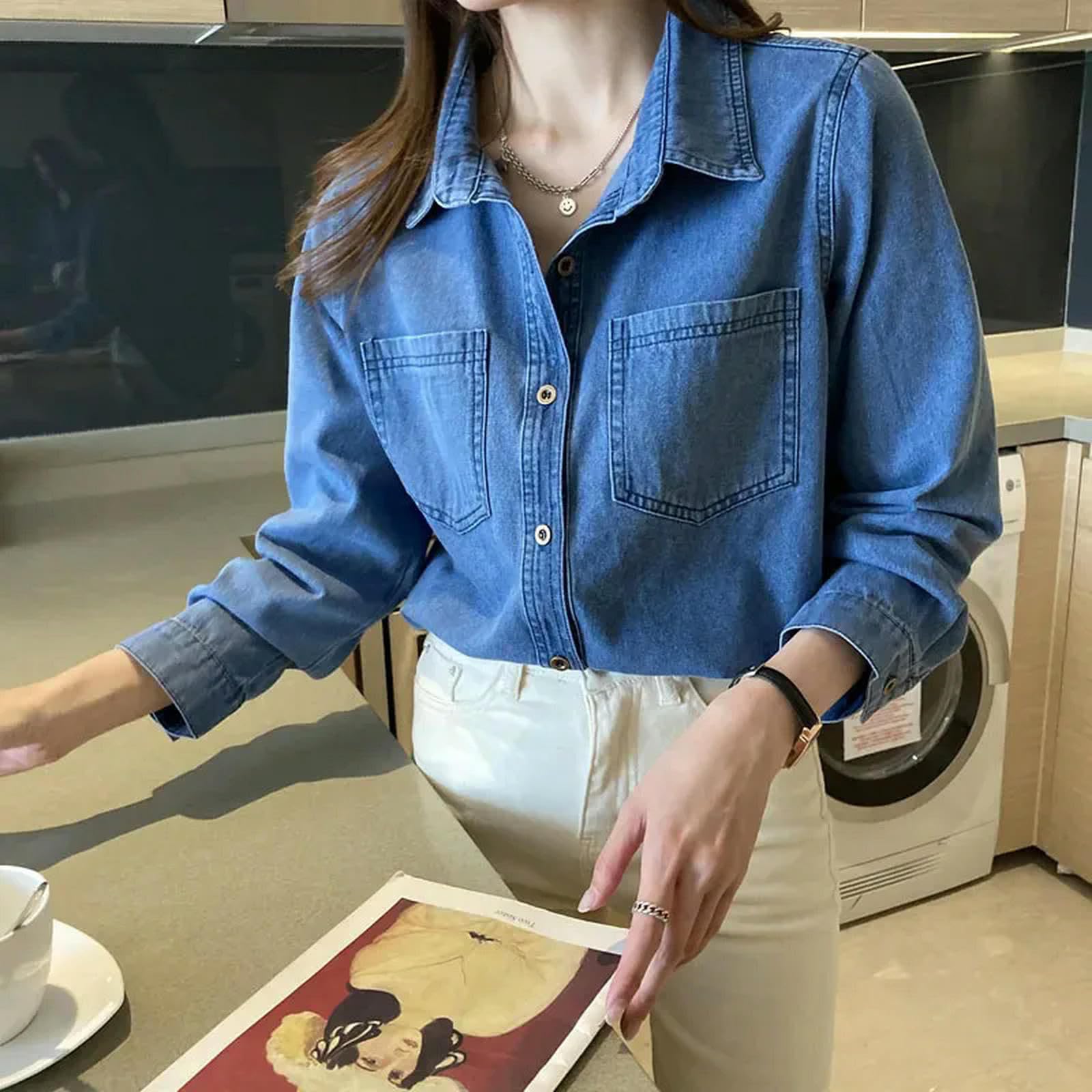 Giacca Uomo Camicie in Denim Blu Intenso per Donne Bottoni Primaverili Camicia A Maniche Lunghe