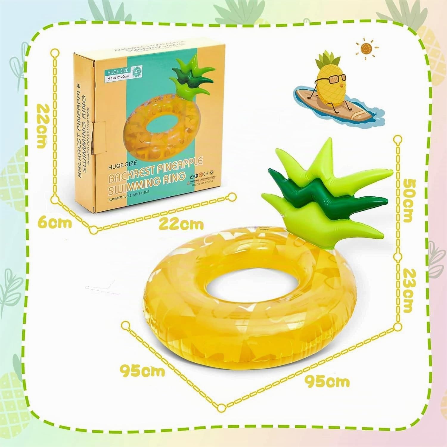 LATERN Ananas Galleggiante Gonfiabile dello Stagno, 95CM Zattera da Nuoto Gonfiabile in Gomma Anello da Nuoto Gigante per Divertimento in Acqua per Piscina Sport Acquatici Estate Spiaggia Festa