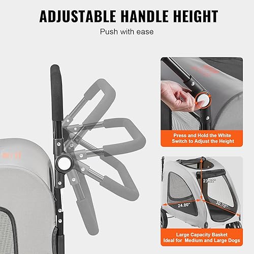 Miniatura 6 de VEVOR Cochecito de perro extra grande para perros de hasta 160 libras, con mango de 4 ruedas, ajustable para perros grandes, cochecito para perros