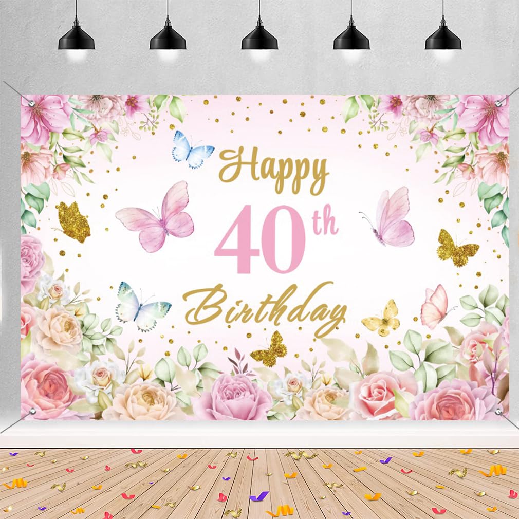 40th Birthday Decoration for Women, Happy 40th Birth day Banner Fabric Sign Poster Flower, Female 40 Years Old Birthday Party Background Banner Wall Door Decoration Welcome Sign, 150 cm x 90 cm